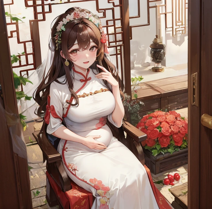 masterpiece, best quality, married woman， aldult, Chinese style, China, elder sister,  Smile, hairpin，brown hair, Princess，Full of motherhood，China传统服饰，purely，blush，Dignified yet lively，Mother，Hands on the stomach，Mature，Pregnant，Beautifully，pregnancy，wife