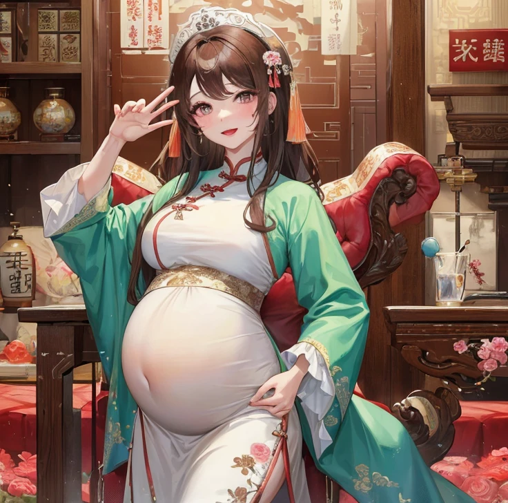 masterpiece, best quality, married woman， aldult, Chinese style, China, elder sister,  Smile, hairpin，brown hair, Princess，Full of motherhood，China传统服饰，purely，blush，Dignified yet lively，Mother，Hands on the stomach，Mature，Pregnant，Beautifully，pregnancy，wife