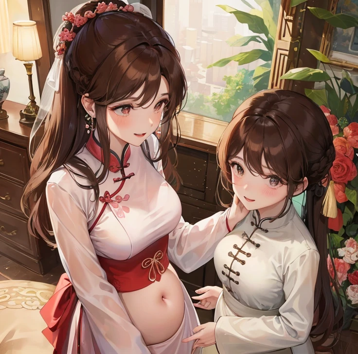 masterpiece, best quality, married woman, aldult, Chinese style, China, elder sister, Smile, hairpin,brown hair, Princess,Full of motherhood,China传统服饰,purely,blush,Dignified yet lively,Mother,Hands on the stomach,Mature,Pregnant,Beautifully,pregnancy,wife