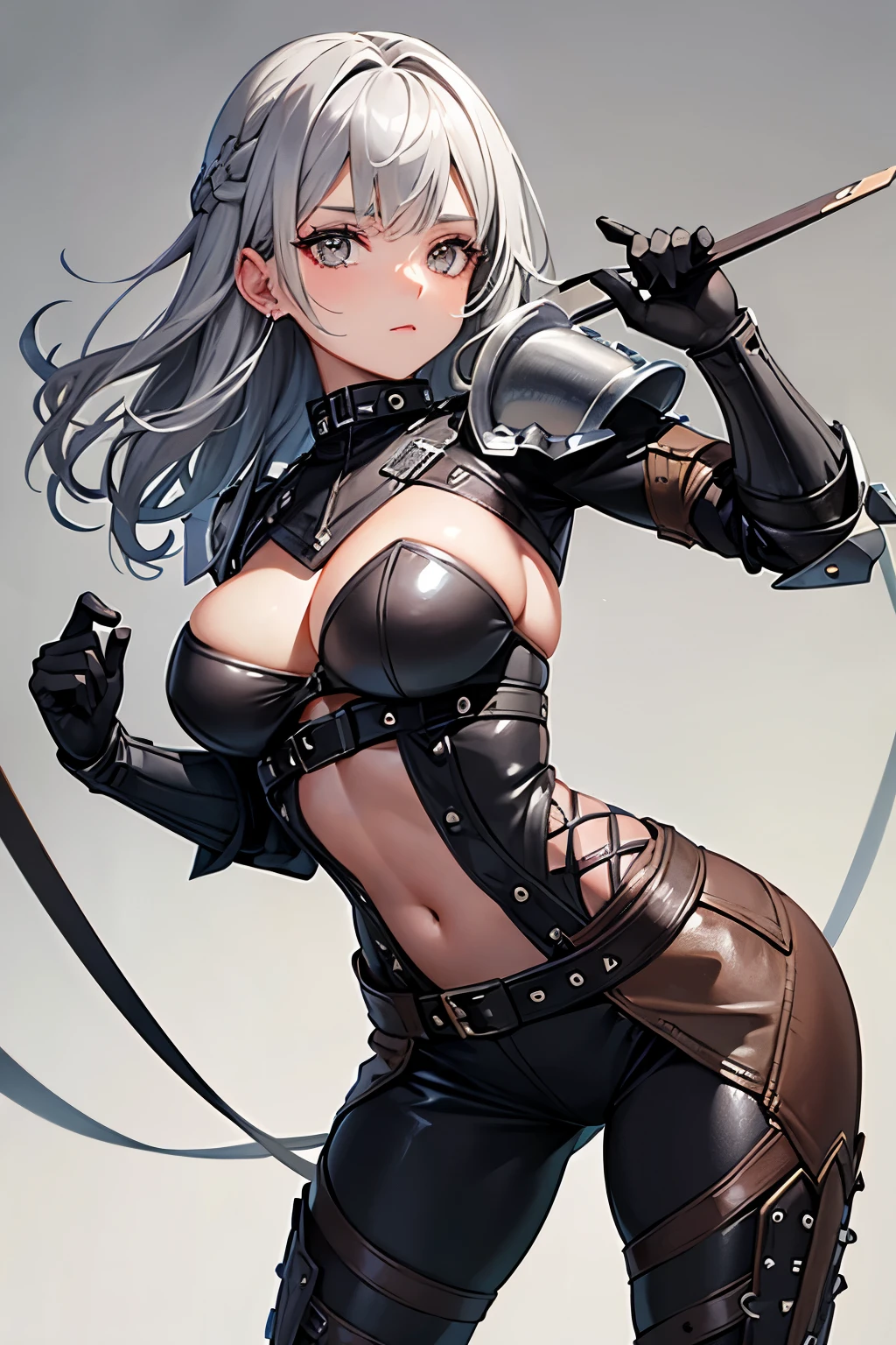 beautiful ranger woman with grey hair and soft brown eyes in studded leather armor