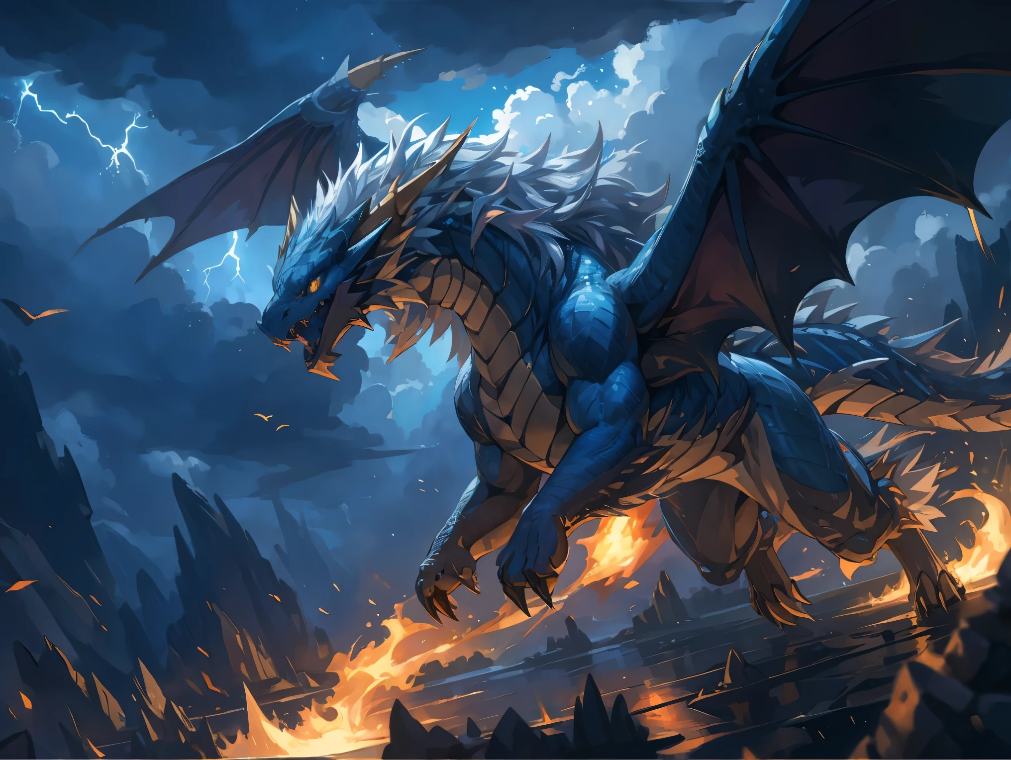 ((flying in the sky)), flying dragon, (The main subject: Wide-angle lens), The flame is light blue, multicolor，banya, flowing mane, sharp claws and fangs), Dynamic and powerful wings, Lightning, dramatic clouds,(Deep depth of field), rich details​, (Wide sky), (sense of vastness),Energy and vitality, Intricate details.(Best quality, A high resolution, Masterpiece:1.2), (Realistic:1.37), hdr