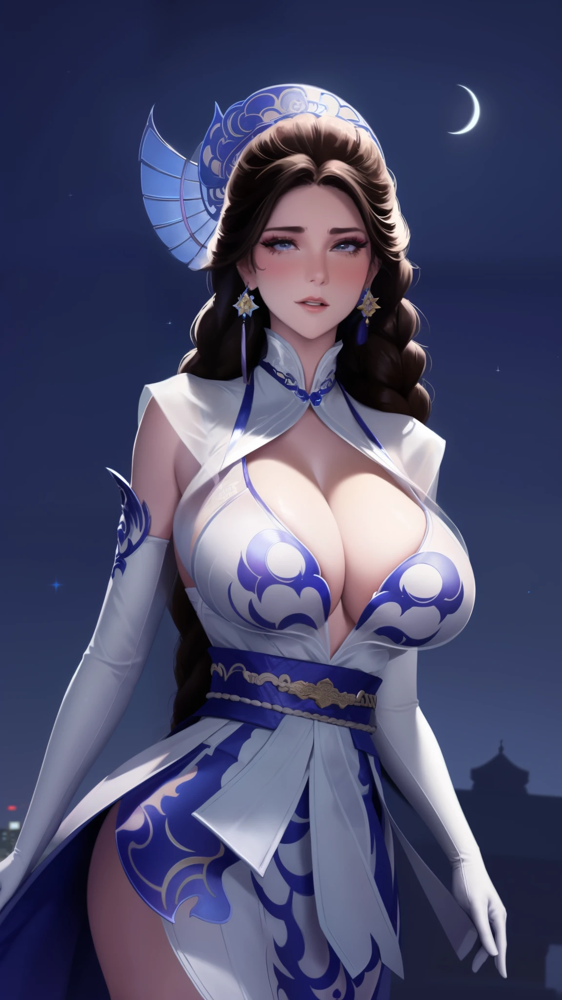 1girl,mature female, cityscape, night,looking at viewer, long hair,elbow gloves, earrings, jewelry,single braid,hair ornament,skirt,rope belt, collar, cutout,chinese clothes, see-through, patterned clothing, blush,makeup, cowboy shot, blue white skirt,、exposing her chest、Show breasts、huge boobs，huge breasts、exposing her chest、exposing her chest、Show breasts、huge boobs，huge breasts、exposing her chest、exposing her chest、Show breasts、huge boobs，huge breasts、exposing her chest、exposing her chest、Show breasts、huge ，huge breasts、exposing her chest