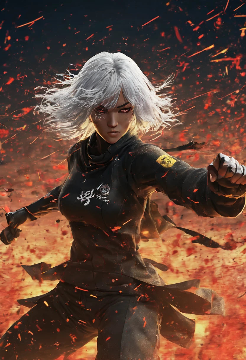 Fighting girl, epic, with particles, HD, 8k, white hair, with black cape, line marks on the face, serious face, closed mouth, casual pose, hands in Bruce Lee position, tactical pants, black hood, black lines under eyes, black polar diver, eyes with marked rings, detailed face, blood on the lips, full body,