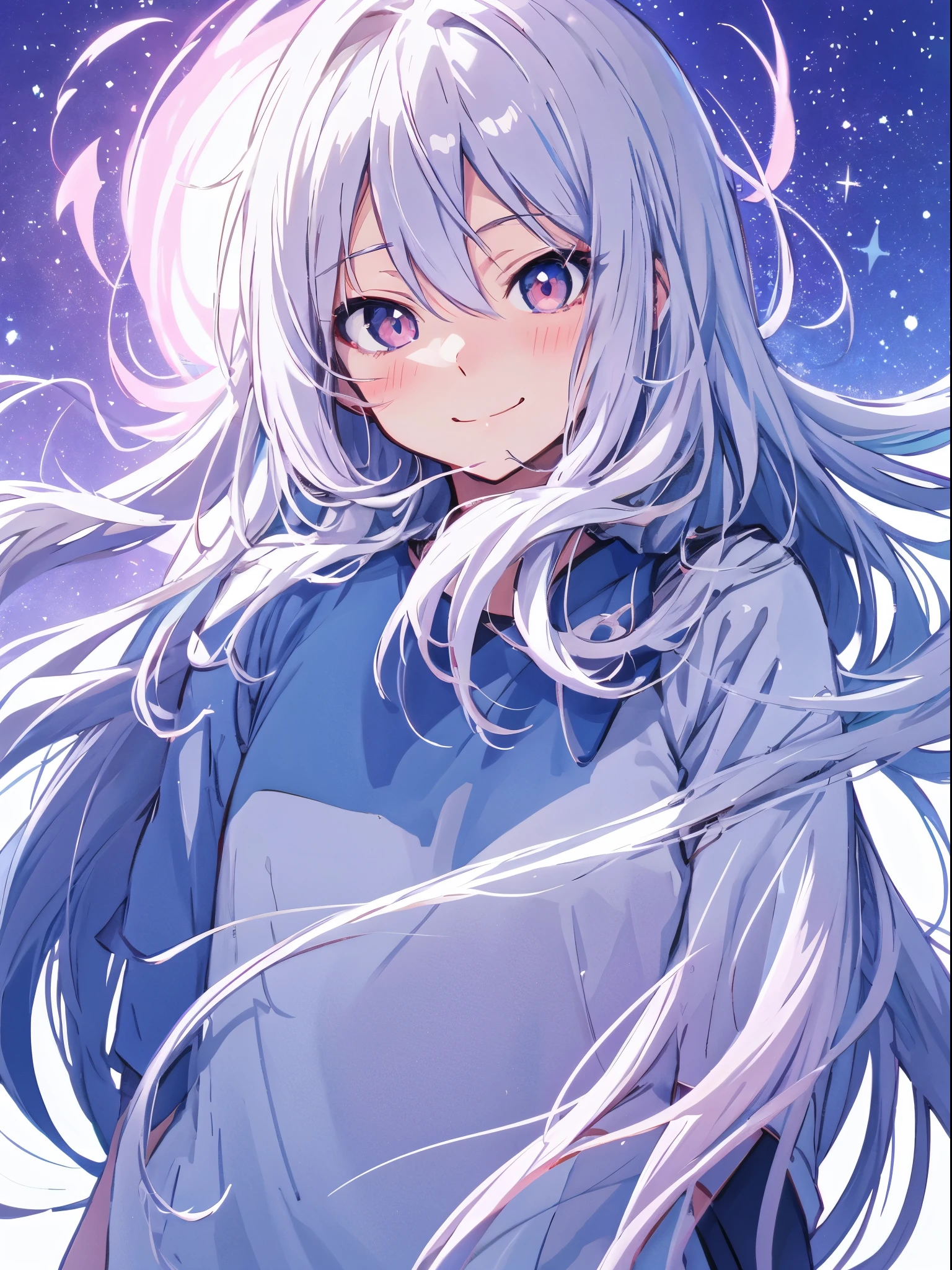 Anime girl with long white hair and blue eyes in white shirt, anime style 4 k, style anime, anime moe art style, anime style. 8K, subtle anime style, !subtle smile!, subtle smile, Cute girl anime visual, little shy smile, anime style only, shy smile, soft smile, High quality anime art style, pixiv style