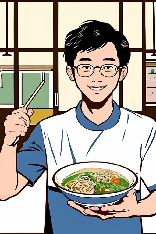 Illustration of a 25-year-old male elementary school teacher explaining the deliciousness of ramen