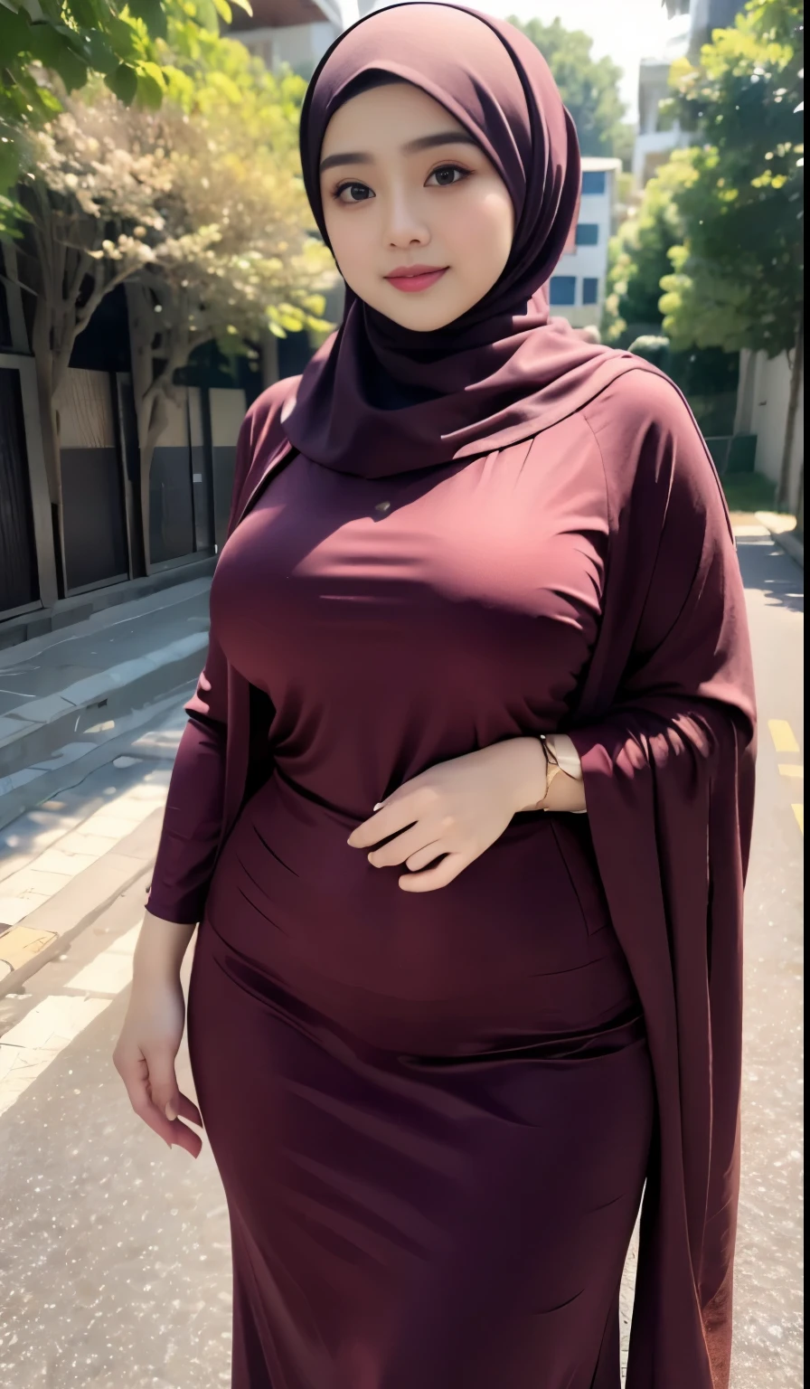 south Indian beautiful woman sexy curvy plus size model wearing different random color skin tight Bollywood Blush Banarasi Dress, eye contact camera view, different style standing position, curvy plus size big hour glass bulky huge figure, big m-cup bulky huge breasts, different style hairstyle, bright eyes, thin eyebrows, fair skin, blushing cheeks, prefect head to thigh close up view, Eden Seraphim Gardens background and location, Dreamcatcher Delight Embroidery, ultra realistic skin texture, head to thigh close up view, smile face, shadow lighting effect, hijab