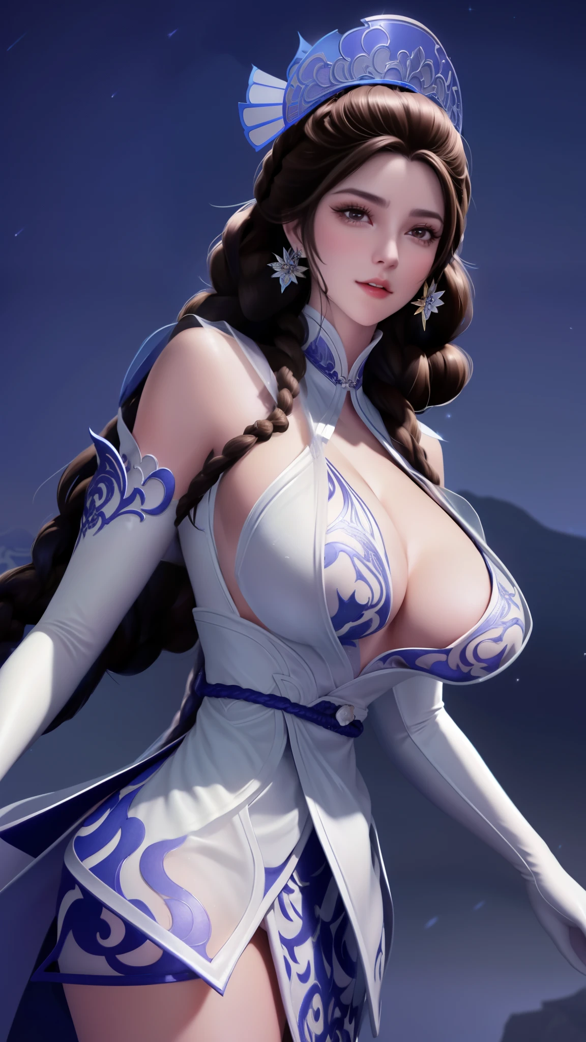 1girl,mature female, cityscape, night,looking at viewer, long hair,elbow gloves, earrings, jewelry,single braid,hair ornament,skirt,rope belt, collar, cutout,chinese clothes, see-through, patterned clothing, blush,makeup, cowboy shot, blue white skirt,、exposing her chest、Show breasts、huge boobs,huge breasts、exposing her chest、exposing her chest、Show breasts、huge boobs,huge breasts、exposing her chest、exposing her chest、Show breasts、huge boobs,huge breasts、exposing her chest、exposing her chest、Show breasts、huge ,huge breasts、exposing her chest