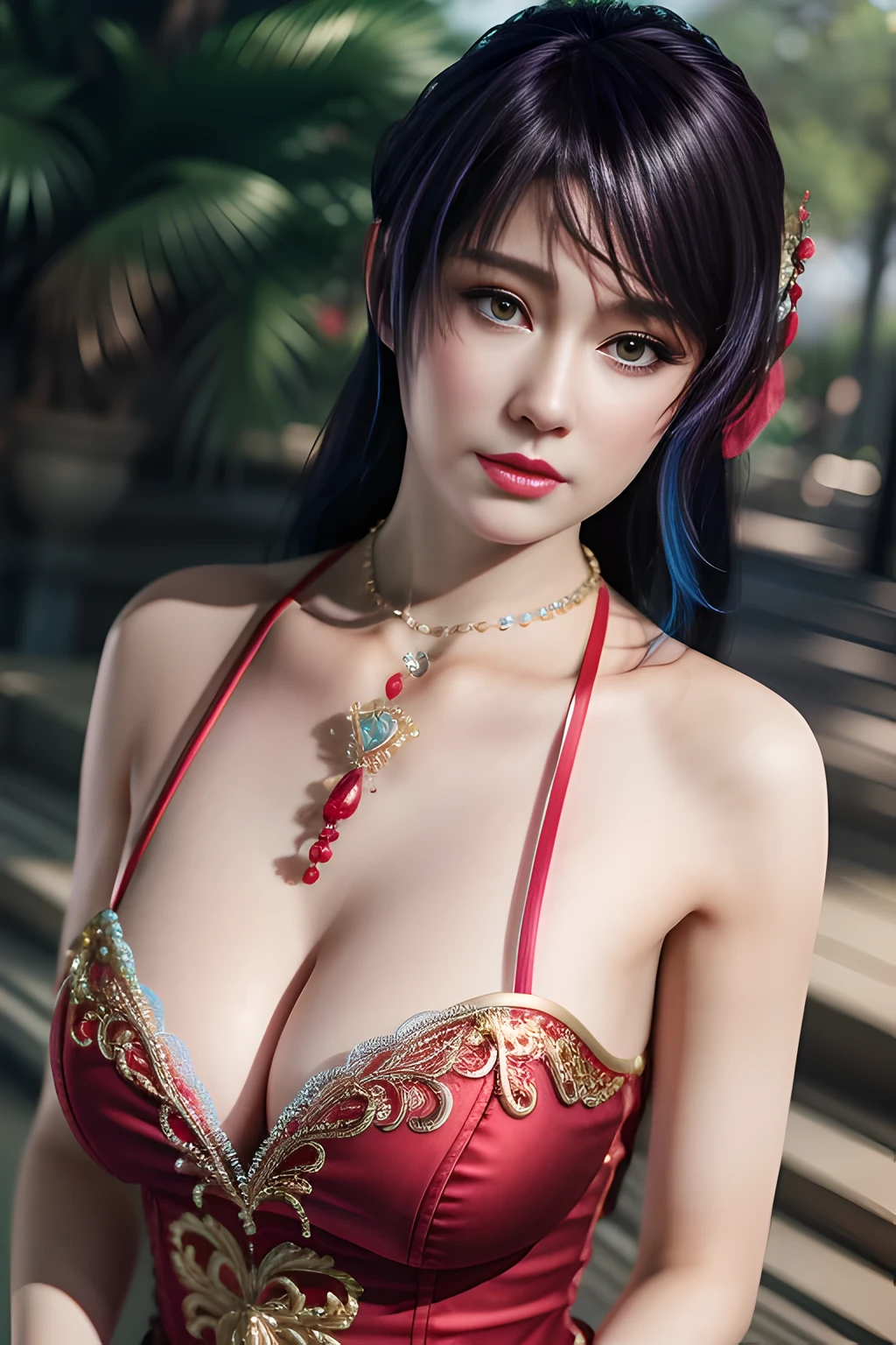 1 girl,Shandy,wearing red clothes,long skirt, Su embroidery style:Chinese bridal dress, Wedding scene,jewelry,grace,(((red lips))), Lips slightly open, clavicle,(huge breasts),((8k, original photo, top quality, masterpiece), HD RAW color photos professional close-up photos, (actual, photorealism: 1.37), (best quality),8k,soft sunshine, Fabric luster,alone,