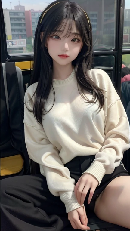 play sports often, (The sweater that kills virginity:1.2), ()、No panties, (Cyberpunk settings: 1.2), compensate,, (1 girl: 1.4), highest quality, masterpiece, (reality: 1.2), young woman, lady, detailed face, fine eyes, fine hair, fine skin, looking at the viewer, dramatic, vibrant, sharp focus, 50mm, f1.2, EOS R8, (3/4 body: 1.2), (Inside the bus in the background: 1.6), (highest qualityの詳細: 1.2), 8K HD,(spread legs:1.2),