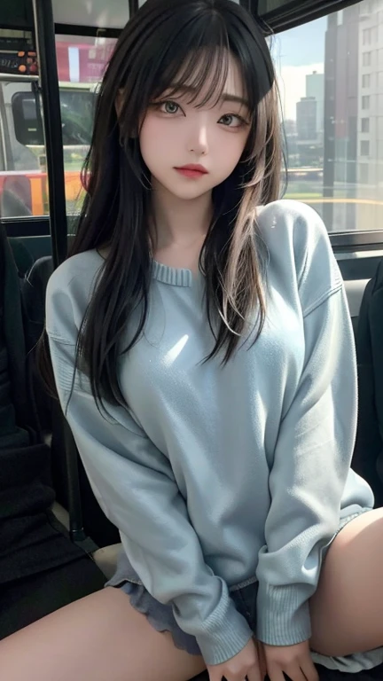 play sports often, (sweater:1.2), ()、No panties, (Cyberpunk settings: 1.2), compensate,, (1 girl: 1.4), highest quality, masterpiece, (reality: 1.2), young woman, lady, detailed face, fine eyes, fine hair, fine skin, looking at the viewer, dramatic, vibrant, sharp focus, 50mm, f1.2, EOS R8, (3/4 body: 1.2), (Inside the bus in the background: 1.6), (highest qualityの詳細: 1.2), 8K HD,(spread legs:1.2),