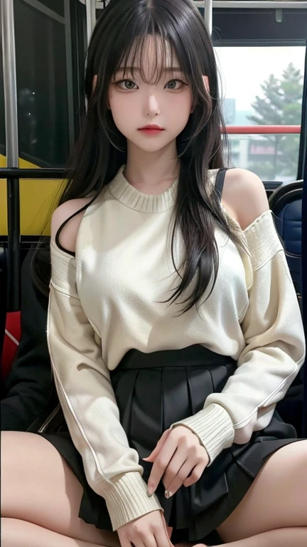 play sports often, (sweater:1.2), ()、No panties, (Cyberpunk settings: 1.2), compensate,, (1 girl: 1.4), highest quality, masterpiece, (reality: 1.2), young woman, lady, detailed face, fine eyes, fine hair, fine skin, looking at the viewer, dramatic, vibrant, sharp focus, 50mm, f1.2, EOS R8, (3/4 body: 1.2), (Inside the bus in the background: 1.6), (highest qualityの詳細: 1.2), 8K HD,(spread legs:1.2),