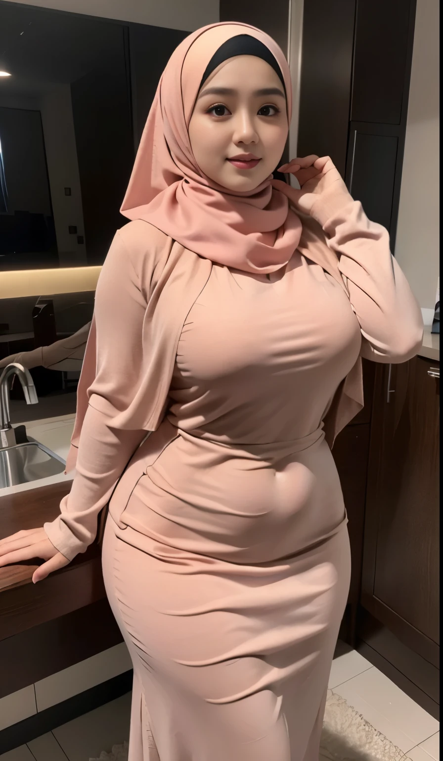 a woman in a yellow dress and a black hijab, thicc, she has a jiggly fat round belly, busty, thick neck, sexy dress, thick body, better known as amouranth, powerful and huge, with yellow cloths, in a dress, she is facing the camera, sie boob, curvy hourglass figure, wearing a hijab , full body, chubby cheeks, chubby face, chubby arm.