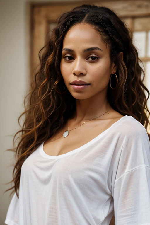 full resolution, highly detailed skin, detailed hair, dslr, sharp focus, high definition, high quality photography, intricate, realistic woman with long curly brown hair, Zoë Kravitz, erykah badu, natural beauty, healthy, boho, creative, artist, wearing a plain white t-shirt