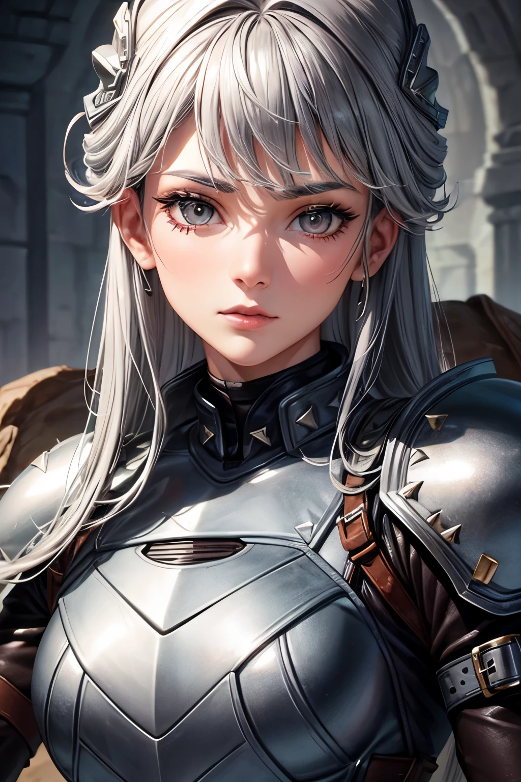 beautiful ranger woman with grey hair and soft brown eyes in studded leather armor