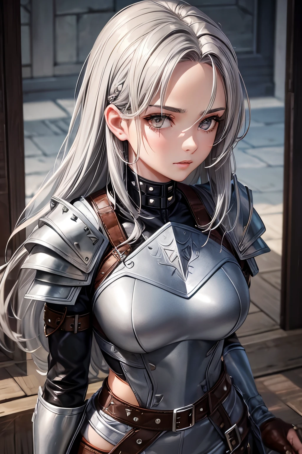 beautiful ranger woman with grey hair and soft brown eyes in studded leather armor