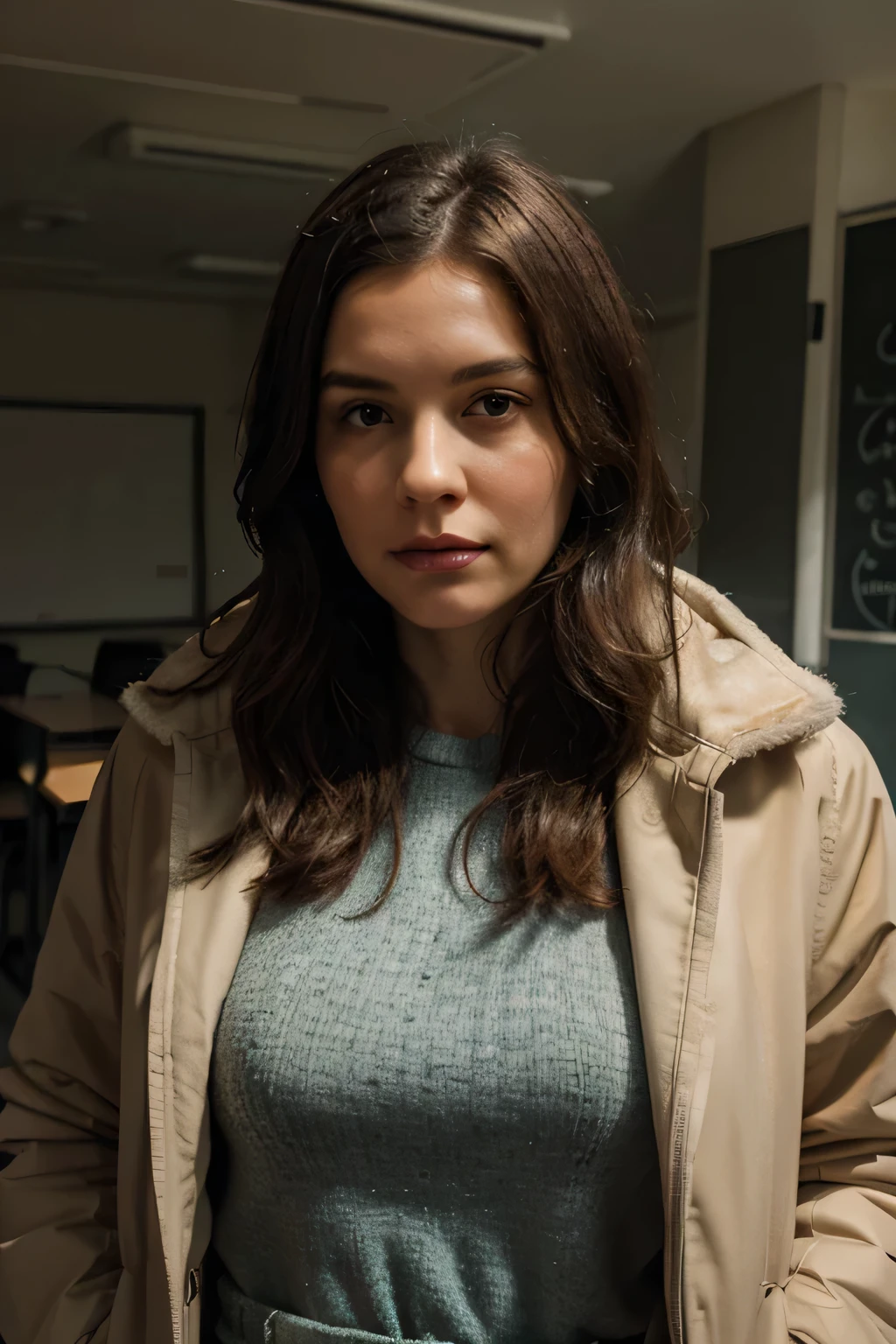 Frostpunk inspired. WW2 aesthetic. White woman, 50s, messy short brown hair, stressed. Wearing a large worn fur jacket and a thick snowy winter outfit. Background is inside a small, dim lit classroom. Close up like a portrait. david lynch lighting style