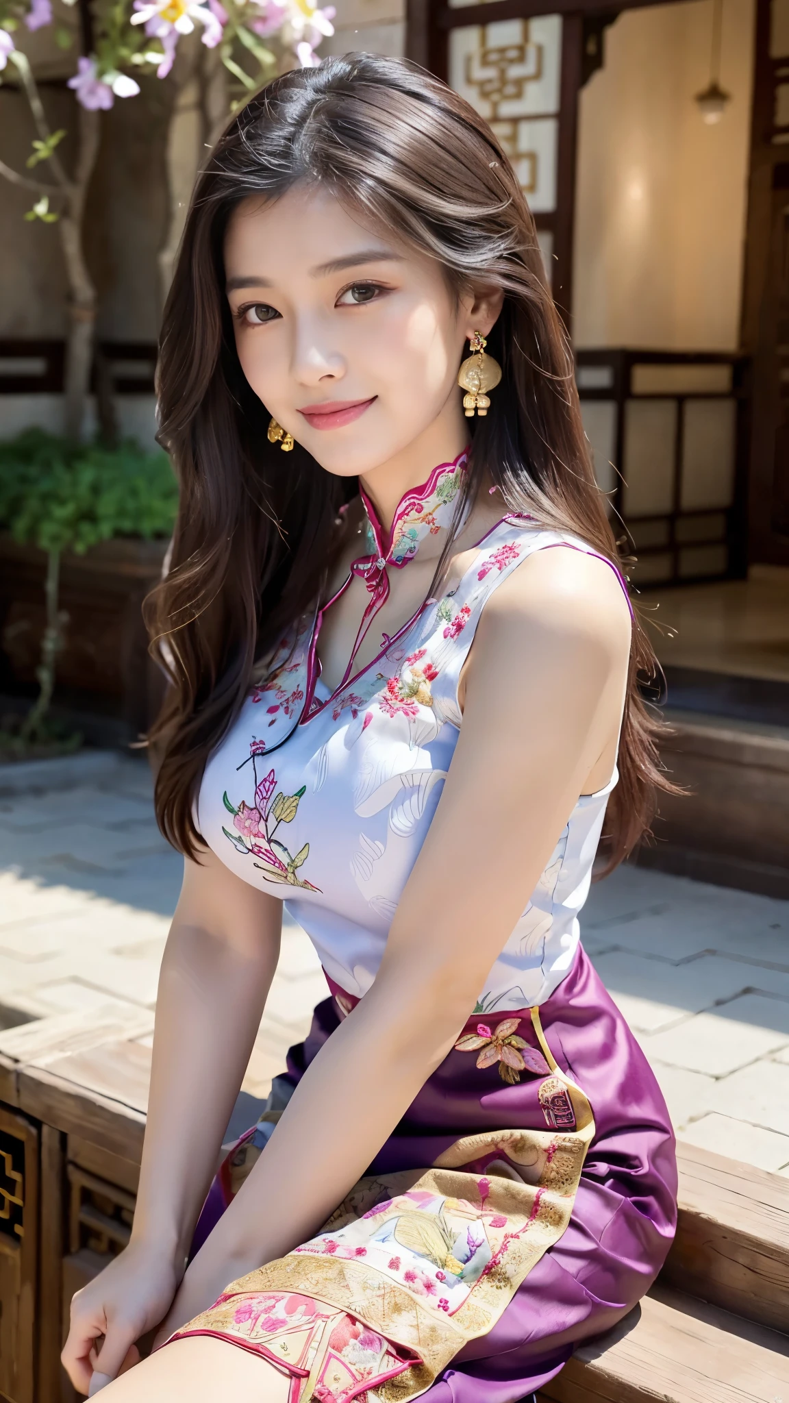 Ulchan-6500-v1.1, (Photo RAW:1.2), (realistic:1.4), delicate beautiful girl, The sparkling eyes give it a very fun atmosphere................. . ......,, Attractive eyes and moist lips, long black hair,(smile:1.3),Detailed facial depiction, Formula details, Fine facial features Star Masterpiece Fine Detail, Explain the role in detail ,detailed drawing of hair, Carefully drawn, My body is rippling, detailed hand drawn, Detailed drawing of the garment, Detailed drawing of faces, perfect face, detailed hand drawn, 4 fingers and 1 thumb:1 ,3),orthofacial,choker necklace, earrings, expert work, very close to reality, (whole body写真: 1.5)), best image quality, highest quality, Unlimited details, 8K resolution,(( (Beautiful patterned embroidered cheongsam 1.5)))((Pink lavender long skirt cheongsam dress)))(Ancient courtyard scene:1.3),smile, narrowed hips, sexy pose,bold pose, (Beautiful legs visible through the slit of a long skirt) , big full breast, beautifully flowing hair,(whole body), (cute face: 1.15), (big breasts: 1.0) high heels, Big sexy hips, medium sexy thighs