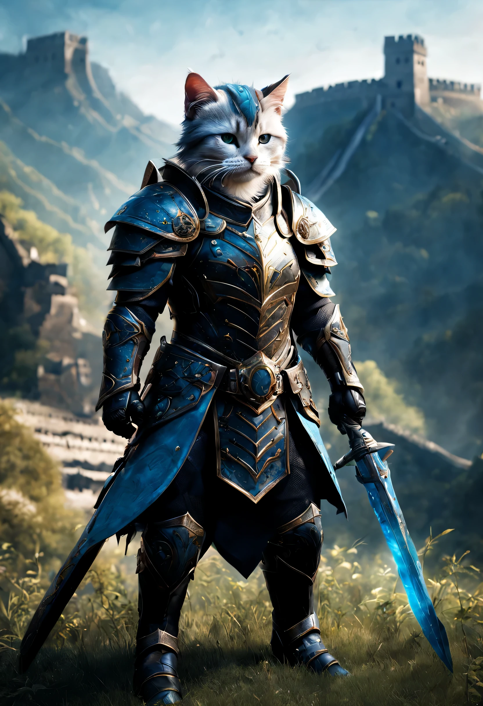 official art, unified 8k wallpaper, super detailed, Beautiful and beautiful, masterpiece, best quality, Costume Animals Page, Dirk Fentas，The goal is one《lord of the ring》style of，Real-world scenarios，Epic war scenes，(Many cute cat warriors:1.2), (whole body), Wear fine armor and helmets，holding a weapon，Ready to fight，(The Great Wall background:1.3)，(cool color:1.3)，texture，Ray tracing，