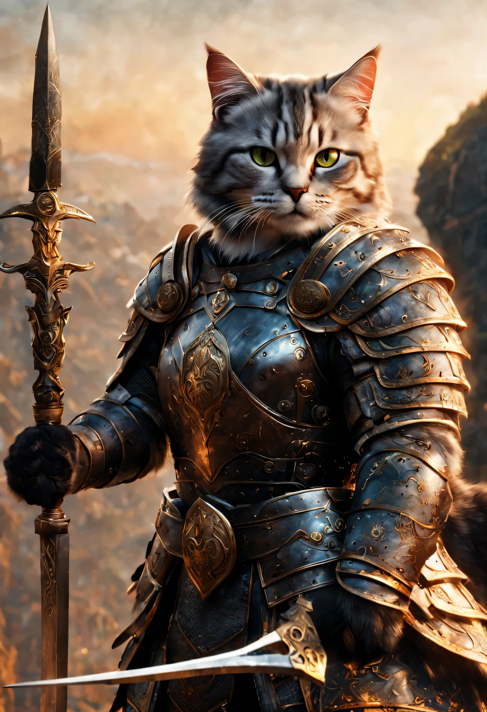 official art, unified 8k wallpaper, super detailed, Beautiful and beautiful, masterpiece, best quality, watching a film《lord of the ring》style of，Real scenes，Epic war scenes，(American Shorthair Warrior:1.4)，(whole body:1.2), Wear exquisite armor and helmets，holding a spear，In battle，The Great Wall background，cool color，texture，Ray tracing，