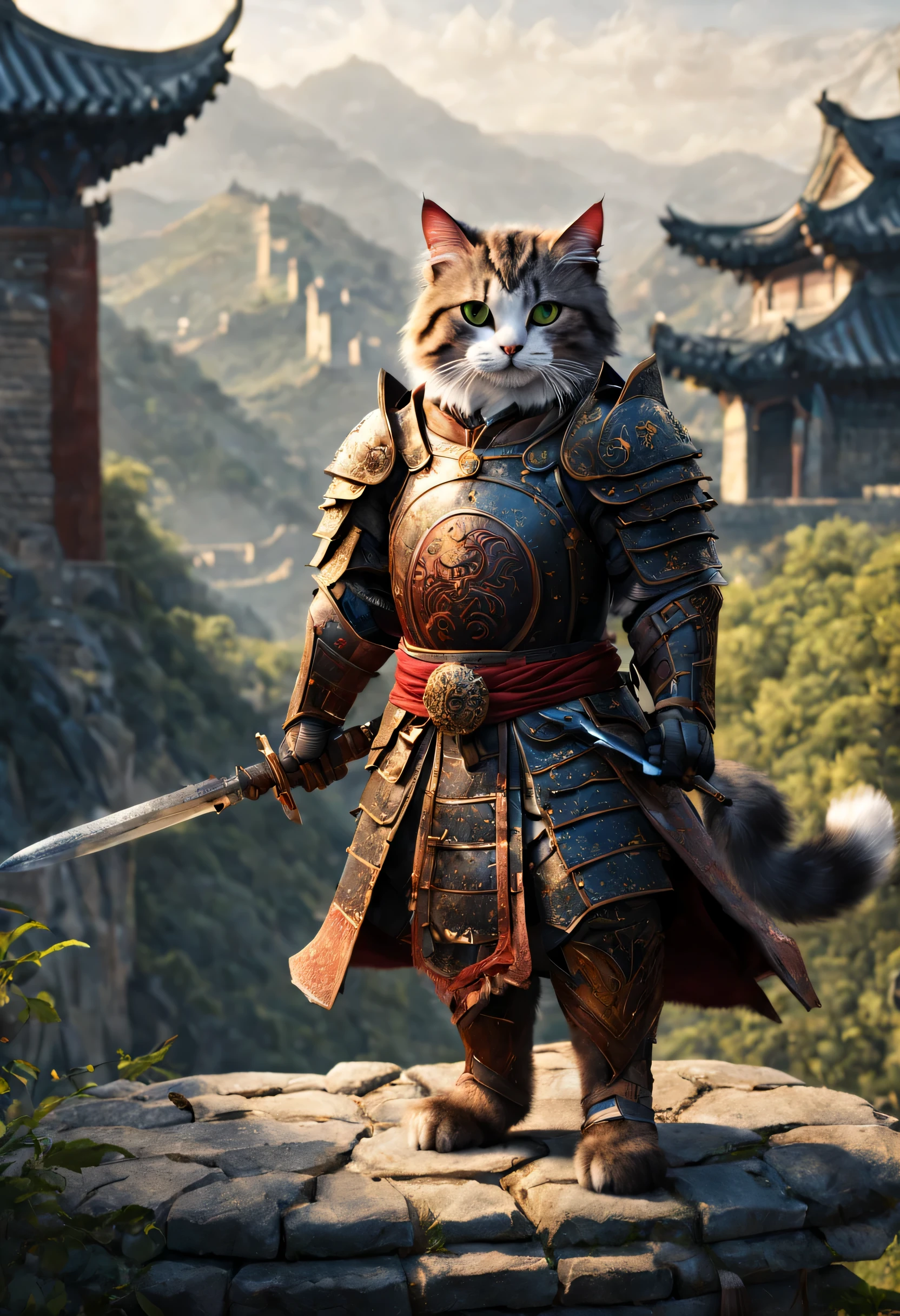 official art, unified 8k wallpaper, super detailed, Beautiful and beautiful, masterpiece, best quality, watching a film《lord of the ring》style of，Real scenes，Epic war scenes，(Chinese domestic cat warrior:1.4)，(whole body:1.2), Wear exquisite armor and helmets，Holding a long sword，In battle，The Great Wall background，cool color，texture，Ray tracing，