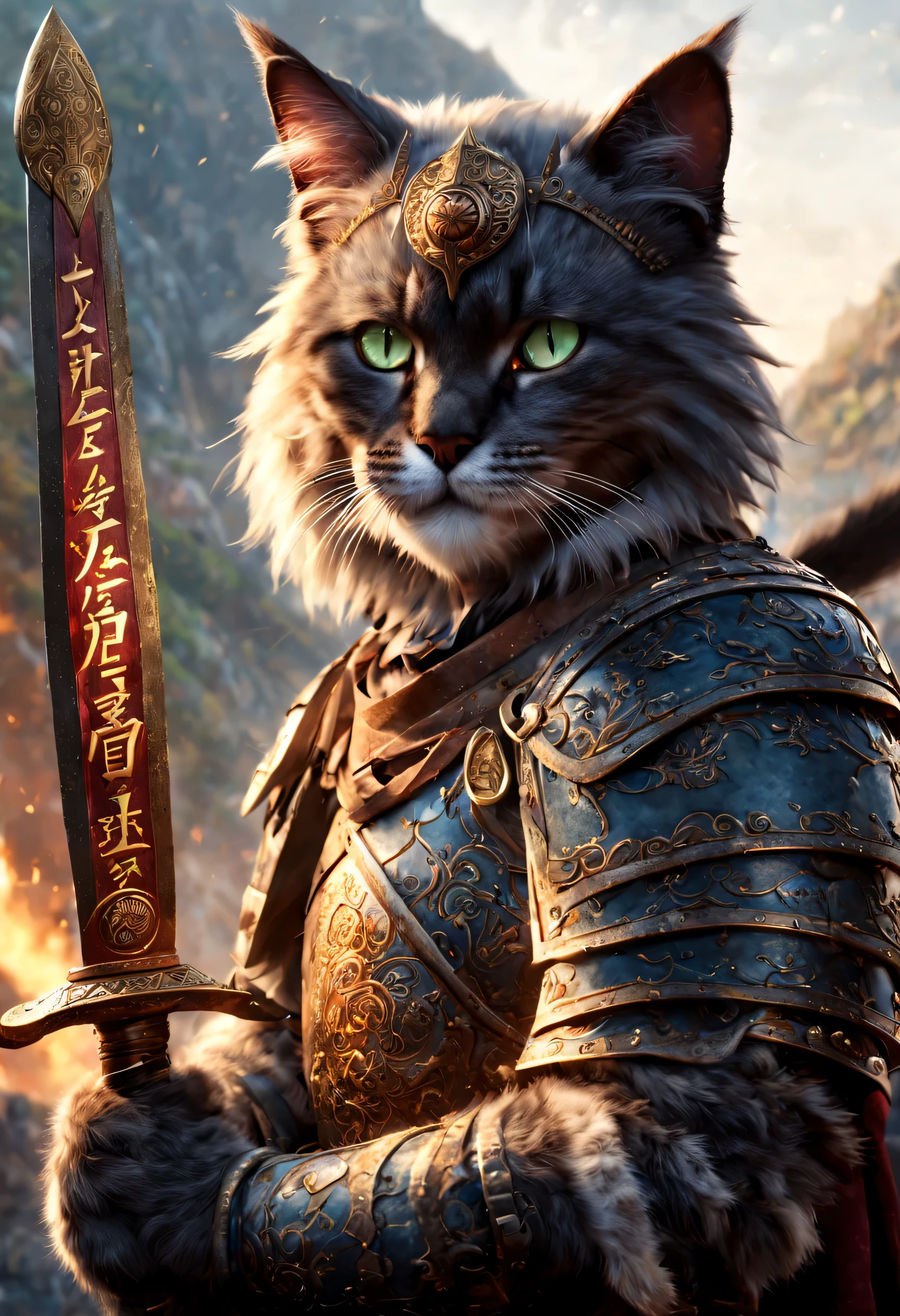 official art, unified 8k wallpaper, super detailed, Beautiful and beautiful, masterpiece, best quality, watching a film《lord of the ring》style of,Real scenes,Epic war scenes,(Chinese domestic cat warrior:1.4),(whole body:1.2), Wear exquisite armor and helmets,Holding a long sword,In battle,The Great Wall background,cool color,texture,Ray tracing,