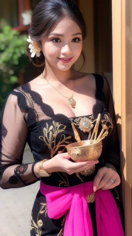 photography, woman, portrait of woman wearing kebaya_bali in black long kebaya dress traditional, pink lipstick, golden necklace, earrings, ornate, detail, flowers, blurry background, caught in the rain, soft focus