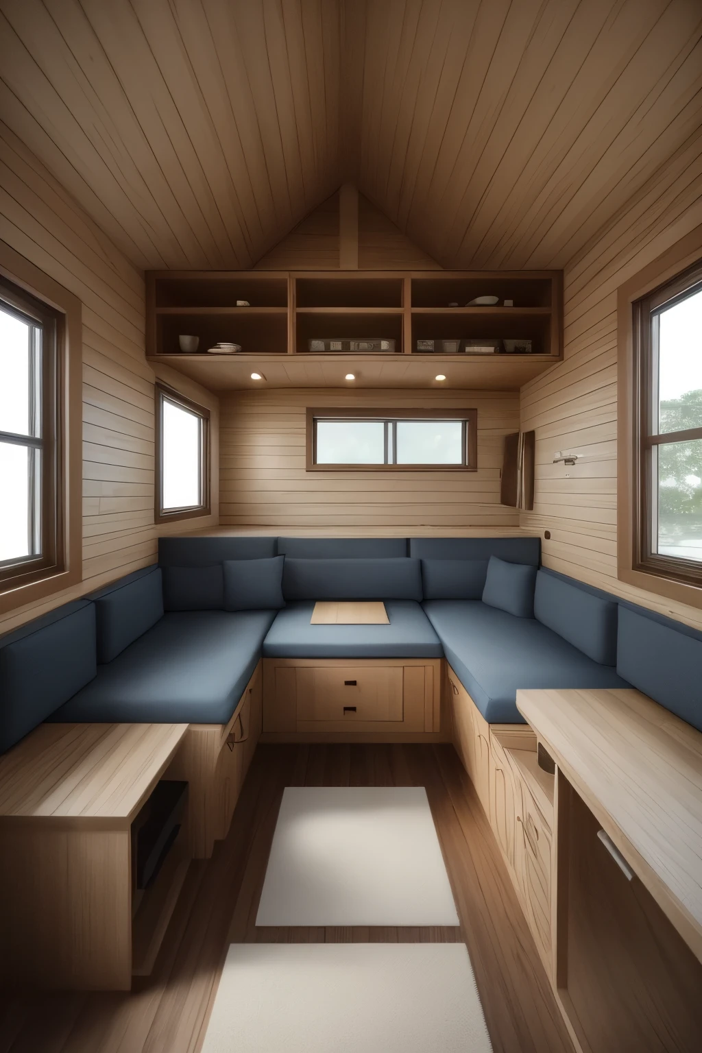 interiortinyhouse interior couch, led tv, kitchen, wooden, ((masterpiece)), realistic, epic, details,