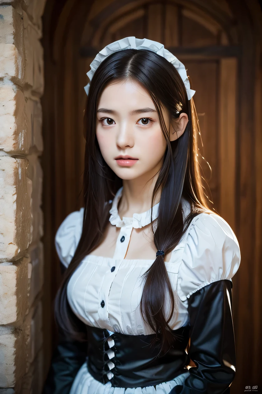 The beauty of 8K raw photos:2.0, long hair,15 years old, great face and dark eyes, stare at the camera, Expressionless, (Maid costume:1.2), realistic:1.9, very detailed CG 統合 8k 壁紙, very detailed, High resolution RAW color photos, cowboy shot, professional photos, Photographed inside a medieval European castle, girl sexy portrait