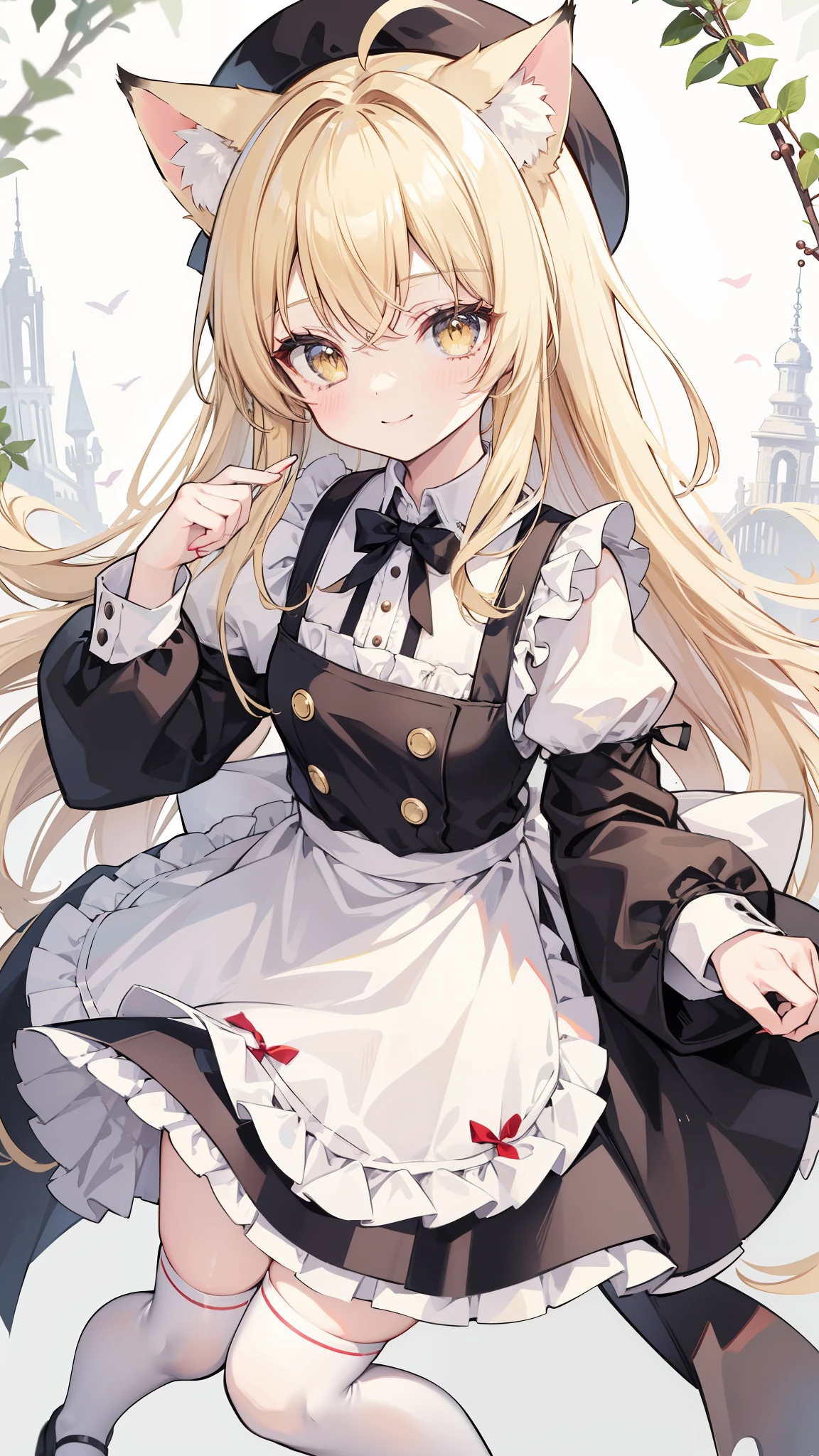 rating:safe, 1girl, kirisame_marisa, blonde_hair, long_hair, solo, animal_ears, yellow_eyes, apron, wavy_hair, dress, waist_apron, black_dress, skirt, looking_at_viewer, white_legwear, kneehighs, fox_ears, long_sleeves, smile, nature, very_long_hair, nail_polish, ahoge, no_hat, cat_ears, no_headwear, shirt