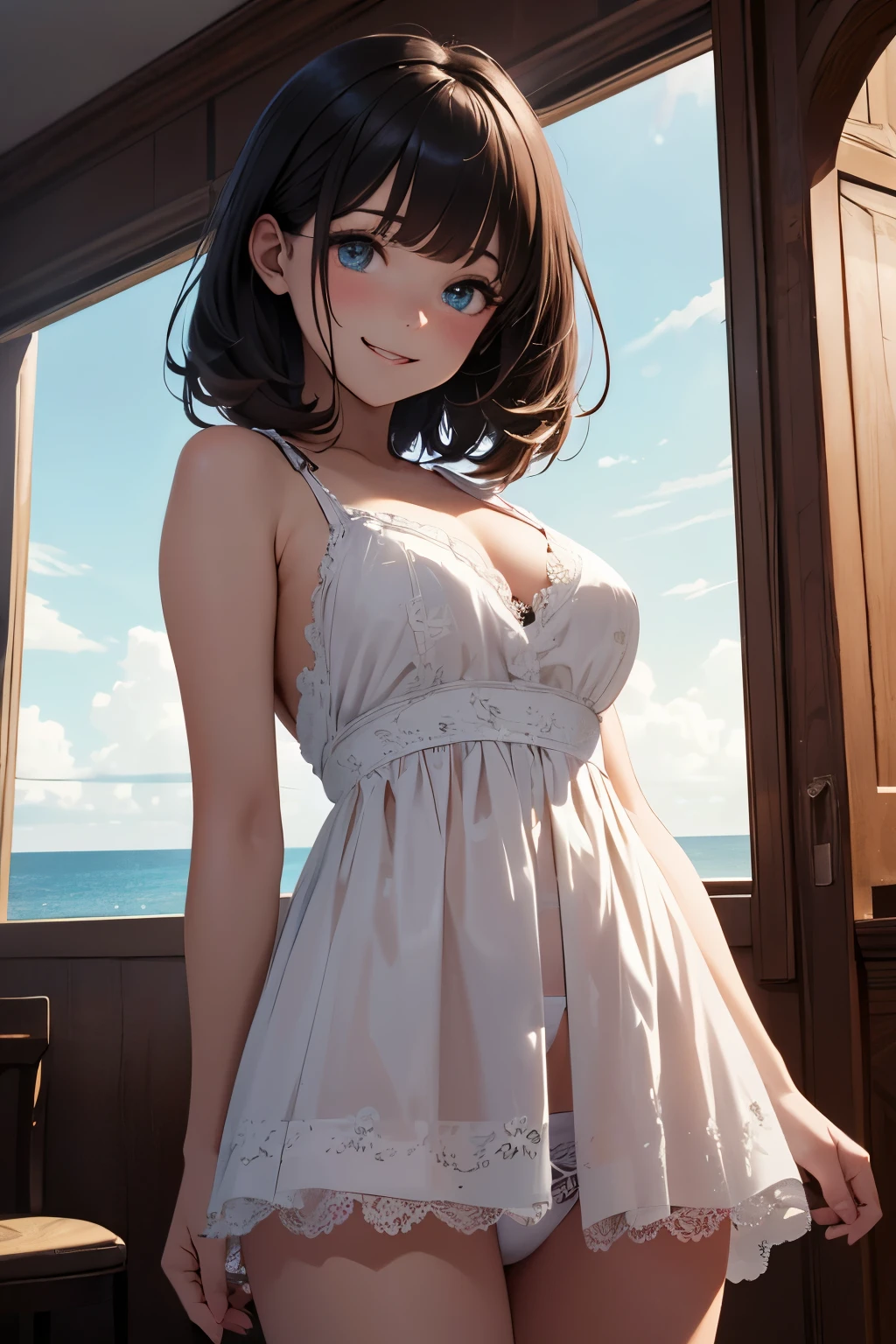 very cute and beautiful girl standing near window,frilled white sun dress with detailed lace,(skirt lift,white panties),
(highly detailed beautiful face and eyes:1.2),antique hotel bedroom with outside view,distant trees and ocean,
cowboy shot,(smile),blush,medium hair,black hair,
(best quality,masterpiece:1.2),absurdres,highres,ultra-detailed,extremely detailed,32k,8k resolution,
intricate details,cinematic scene,detailed background,solo,dynamic angle,
natural lighting,light particles,beautiful detailed sky,