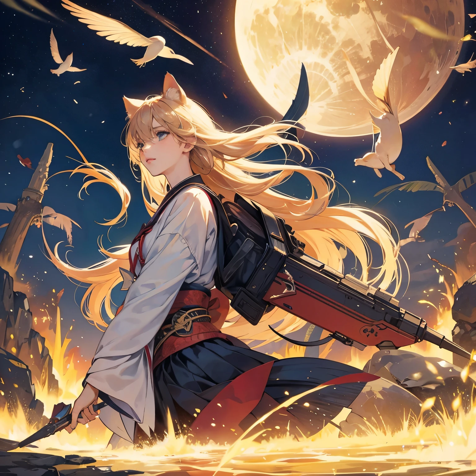 Walter Crane, Matt Fox, Mysterious, strange, surreal, bizarre, fantasy, Sci-fi, Japanese anime, Tokyo desert, school of migratory fish, cat and beautiful traveler girl, perfect voluminous body, detailed masterpiece
