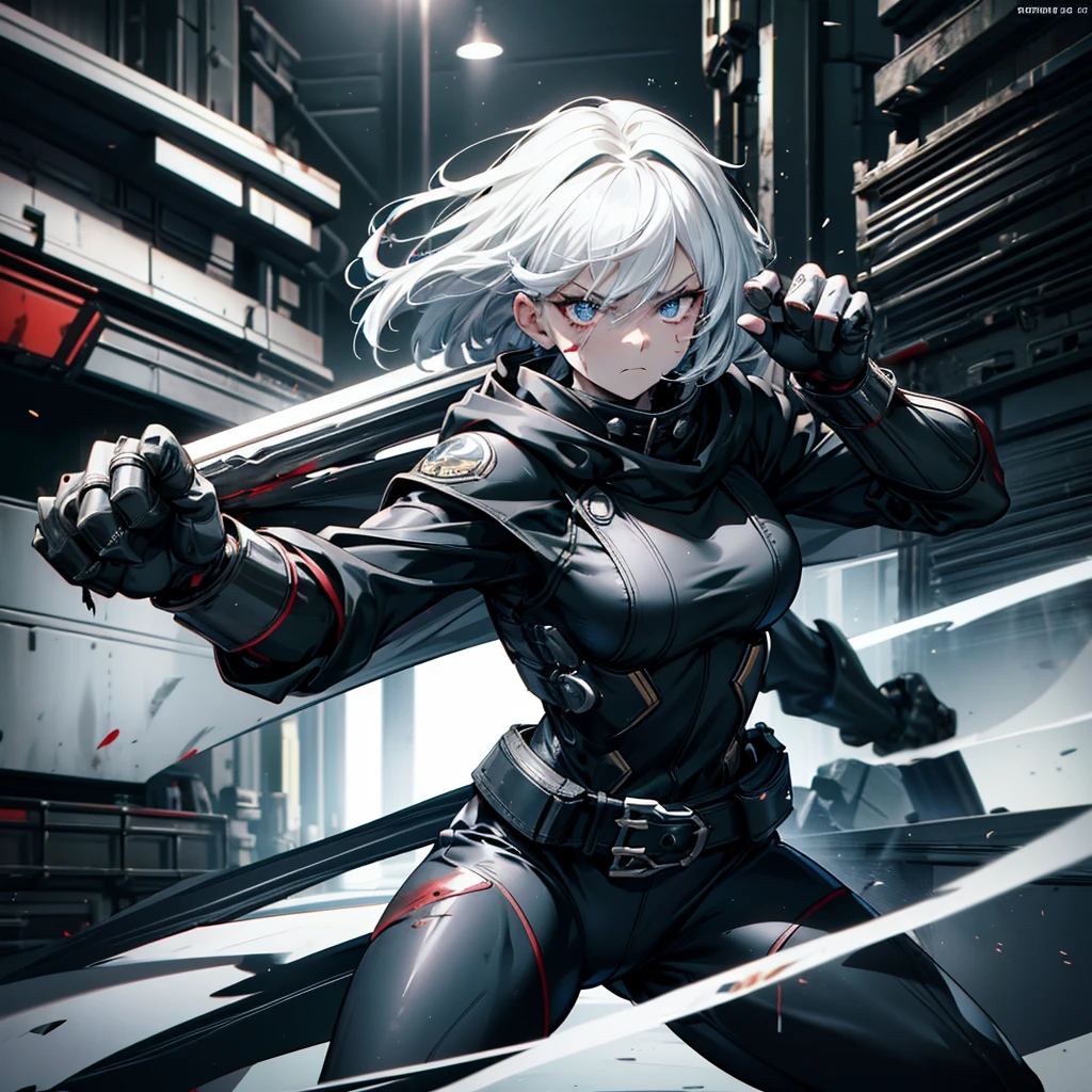 Fighting girl, epic, with particles, HD, 8k, white hair, with black cape, line marks on the face, serious face, closed mouth, casual pose, hands in Bruce Lee position, tactical pants, black hood, black lines under eyes, black polar diver, eyes with marked rings, detailed face, blood on the lips, full body,