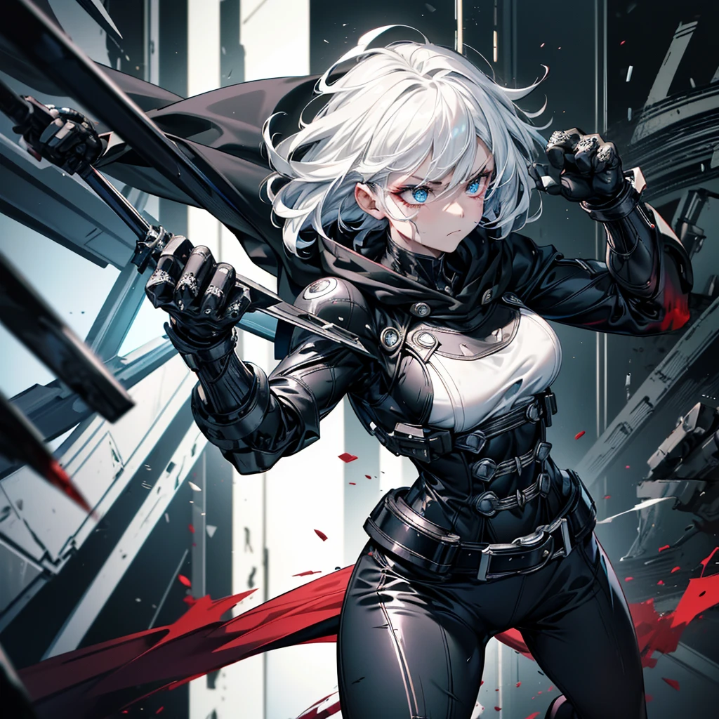 Fighting girl, epic, with particles, HD, 8k, white hair, with black cape, line marks on the face, serious face, closed mouth, casual pose, hands in Bruce Lee position, tactical pants, black hood, black lines under eyes, black polar diver, eyes with marked rings, detailed face, blood on the lips, full body,