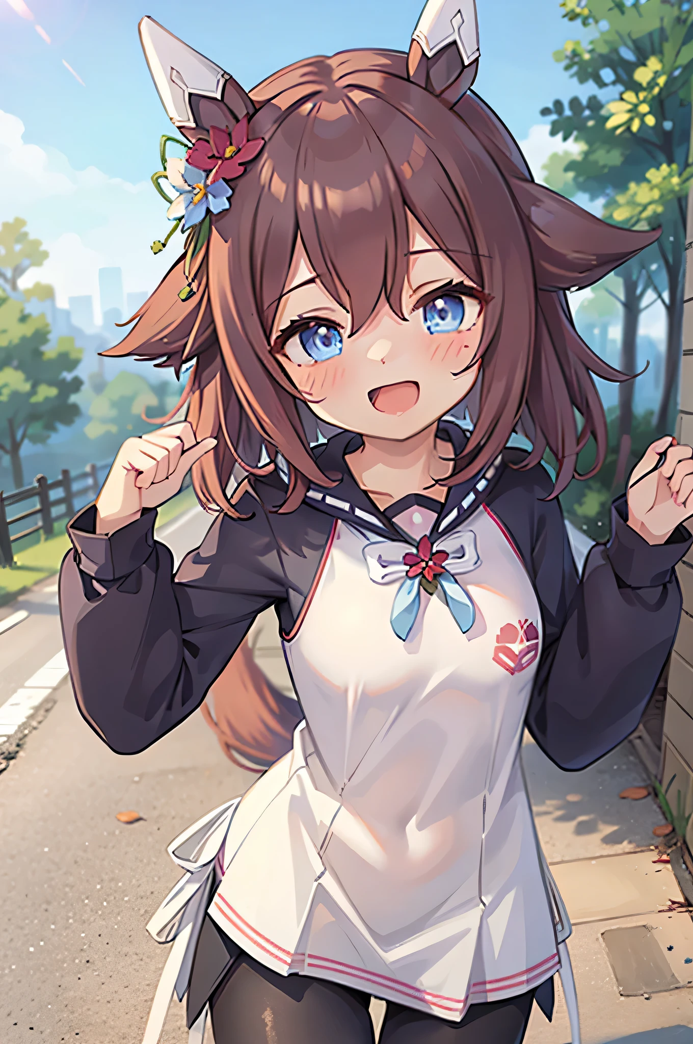 [[[​master piece]]],[[[Best Quality]]],[[[ultra-detailliert]]],Portrait,Uma Musume,Bottom-to-top perspective,Training Center Uniform,breasts, Staining cheeks,Open mouth,Looking to the side,Smiling,cling to viewer,Cycle Wear, Bike Shorts,red hairs.Medium Hair.,white stockings,8years old