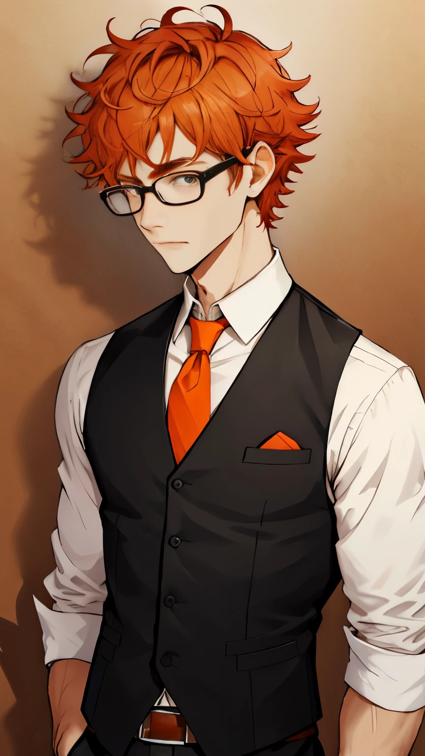 High quality, highly detailed, a skinny young man with round glasses and a nervous expression, he has short and curly orange hair, he is wearing a white dress shirt with a black vest overtop