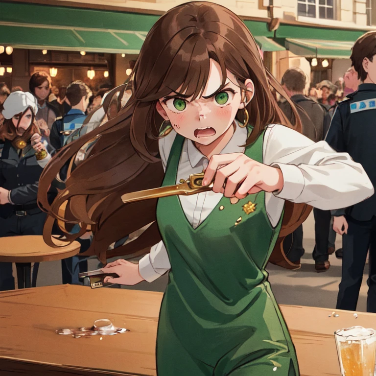 1girl, solo, super fine illustration, an extremely delicate and beautiful, best quality, long hair, brown hair, 20s, green eyes, looking angry, frowning, shouting, casual clothes, pub, table, glass, alcohol, argument, fight, violence, crowd, intervention, police, handcuffs, bust shot, dramatic, tense, chaotic.