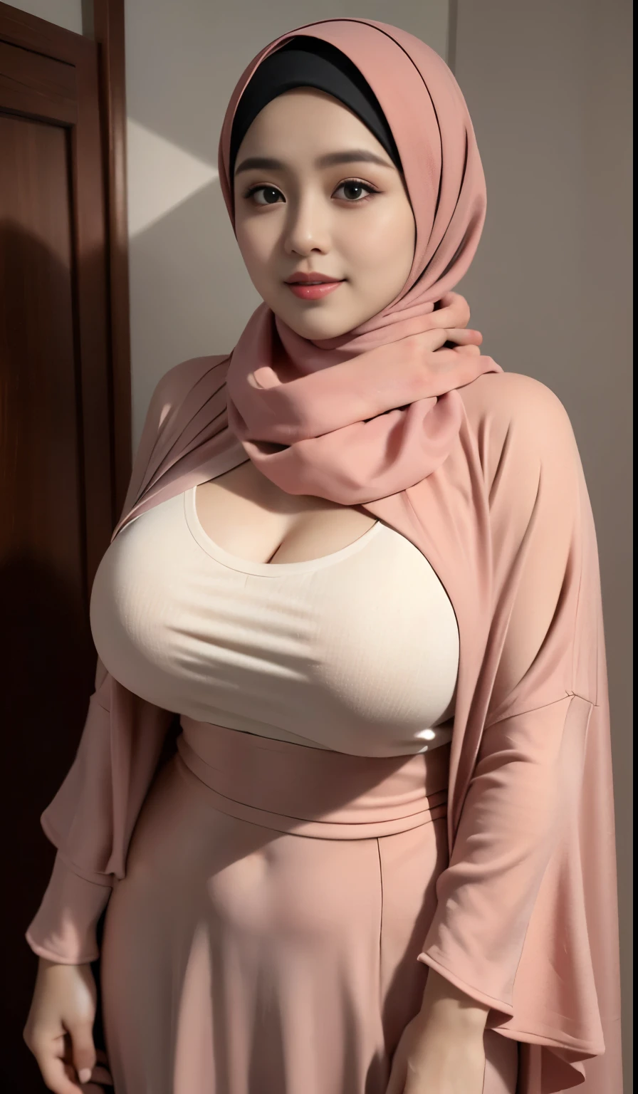 RAW, Best quality, high resolution, masterpiece: 1.3), beautiful Malay woman in hijab (iu:0.8)1beautiful  Malay woman in hijab wearing modern youth Muslim clothing,big breast, modern muslim fashion, flowing shawl, portrait photography, mid shot photo, ultra detail, professional photo with professional lighting, smile, random background, sexy seductive pose, curvy ,