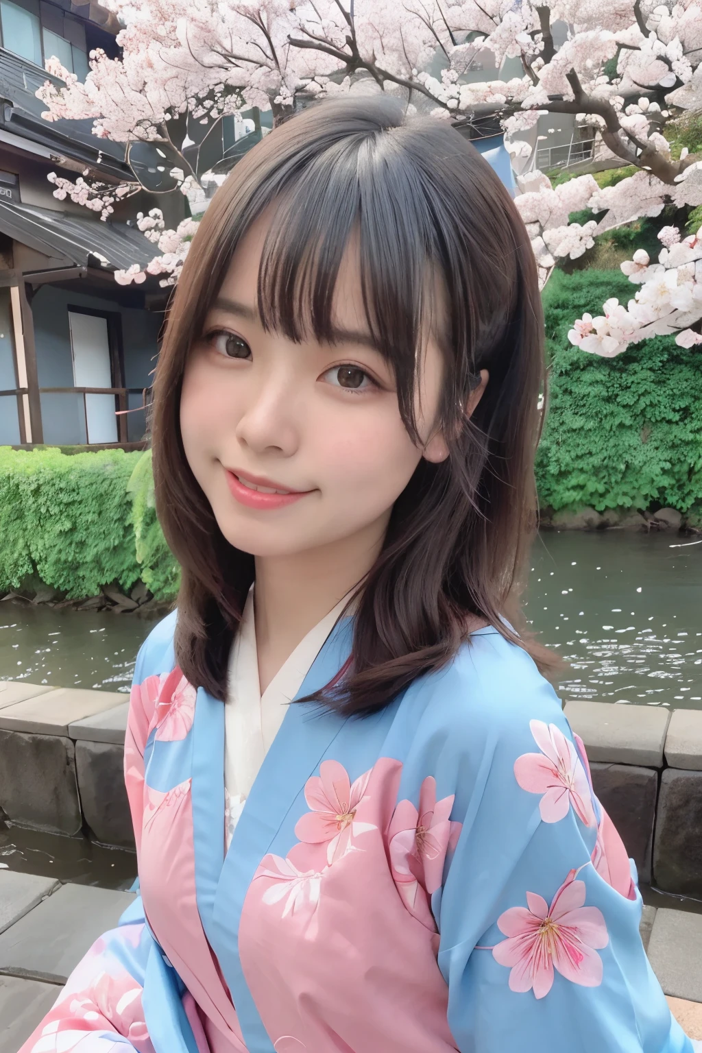 highest quality, ultra high resolution, (realistic:1.4),blush,cute,(detailed face),light smile,
looking at the viewer,
Upper body, kimono,
Sunny,river,(cherry blossoms),blue sky,