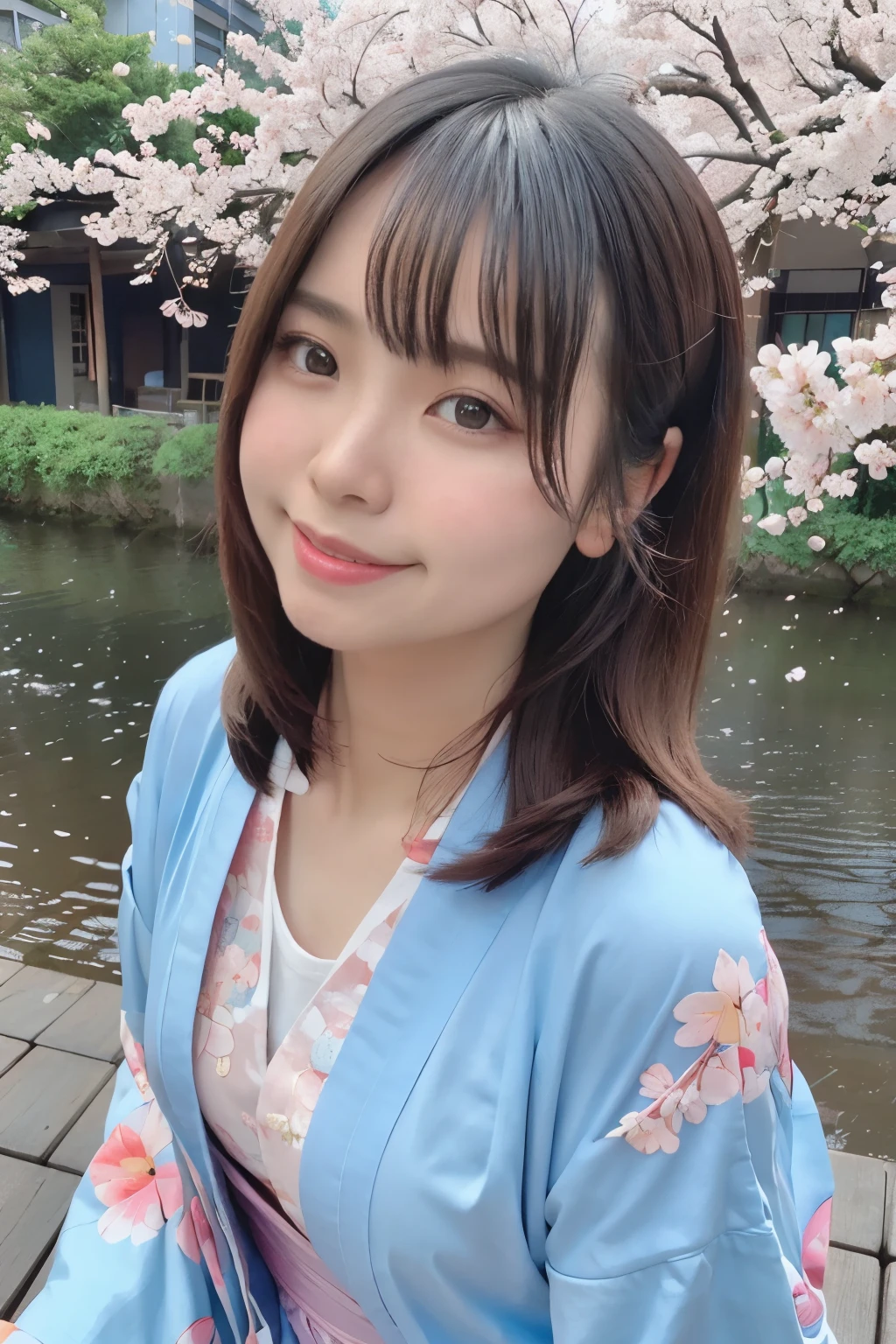 highest quality, ultra high resolution, (realistic:1.4),blush,cute,(detailed face),light smile, 
looking at the viewer,
Upper body, kimono, 
Sunny,river,(cherry blossoms),blue sky,
