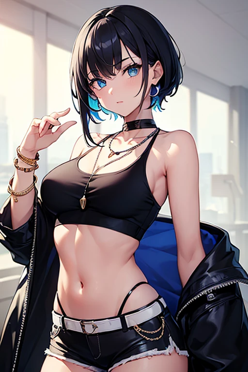 ((((masterpiece)))), high quality, very_high_resolution, large_filesize, full color, short shorts, , blue eyes, black hair, crop top, silver bracelet, Cuban link necklace, cute, adorable, beautiful, high contrast, colorful