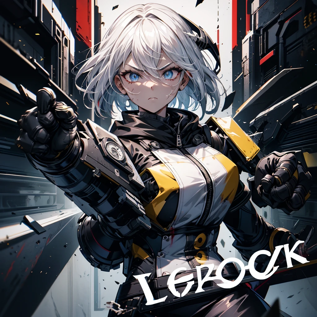 Fighting girl, epic, with particles, HD, 8k, white hair, with black cape, line marks on the face, serious face, closed mouth, casual pose, hands in Bruce Lee position, tactical pants, black hood, black lines under eyes, black polar diver, eyes with marked rings, detailed face, blood on the lips, full body,