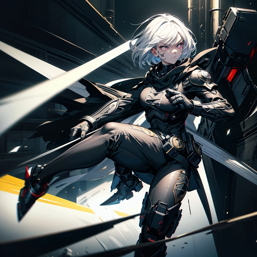 Fighting girl, epic, with particles, HD, 8k, white hair, with black cape, line marks on the face, serious face, closed mouth, casual pose, hands in Bruce Lee position, tactical pants, black hood, black lines under eyes, black polar diver, eyes with marked rings, detailed face, blood on the lips, full body,