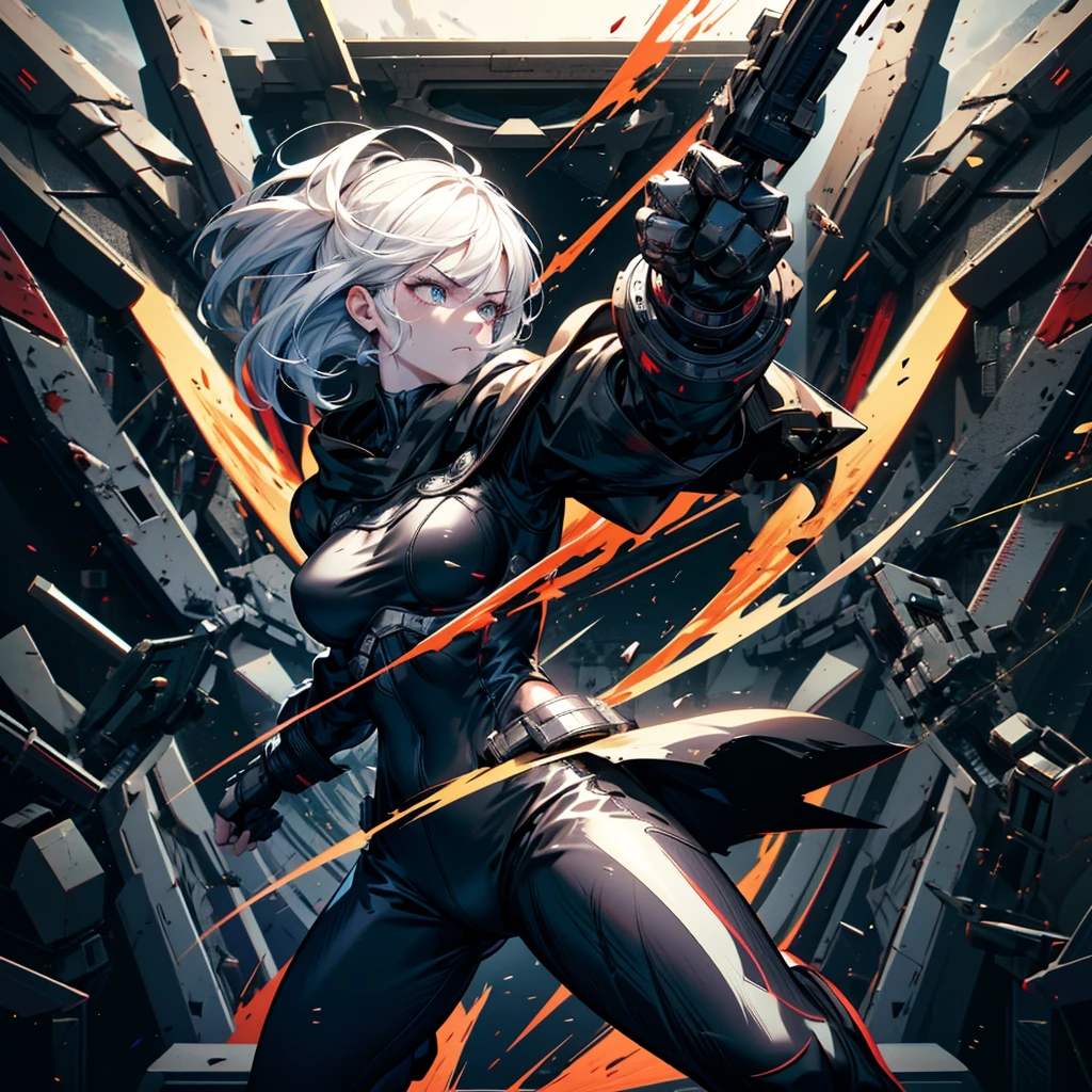 Fighting girl, epic, with particles, HD, 8k, white hair, with black cape, line marks on the face, serious face, closed mouth, casual pose, hands in Bruce Lee position, tactical pants, black hood, black lines under eyes, black polar diver, eyes with marked rings, detailed face, blood on the lips, full body,