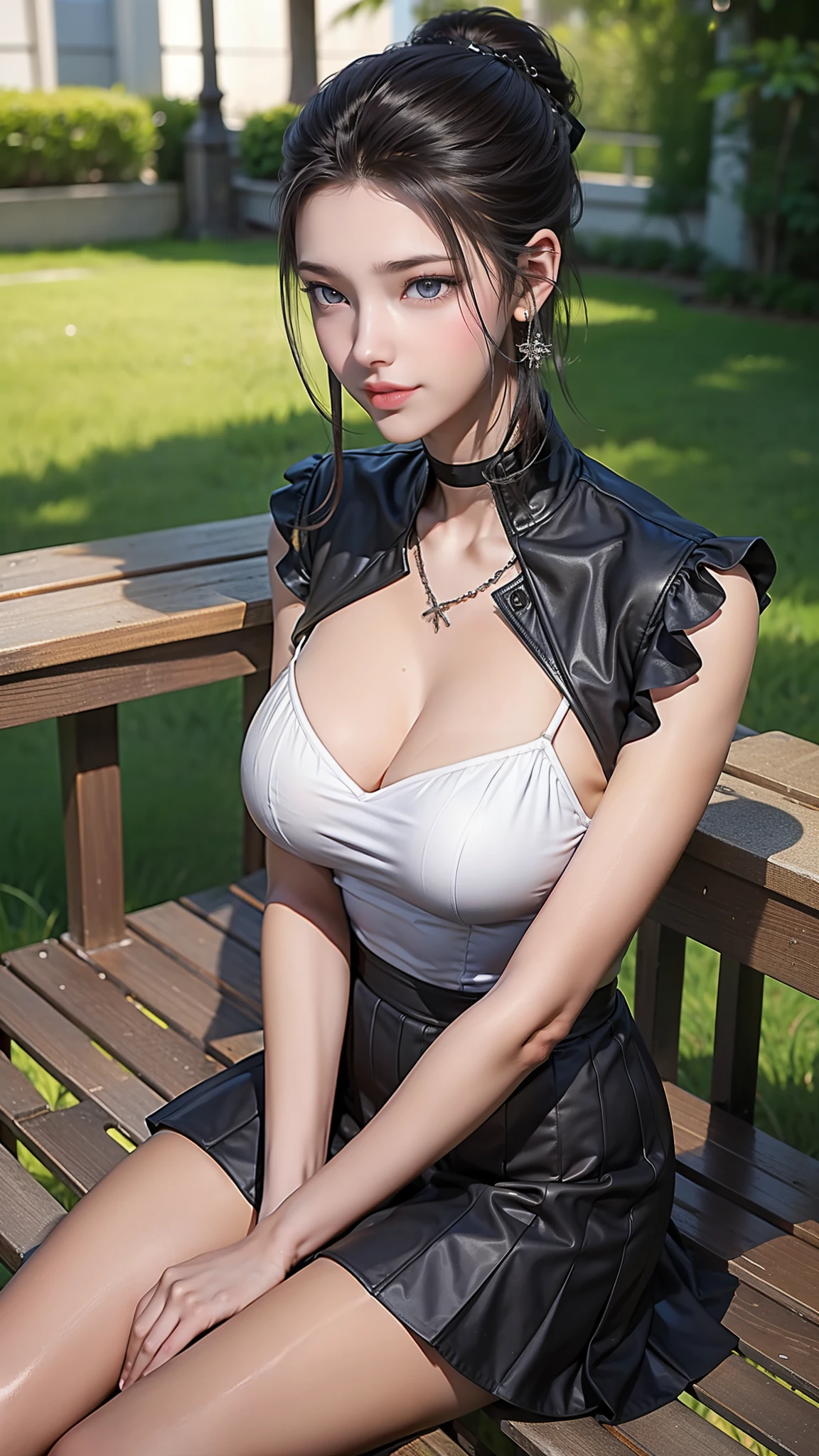Korean school uniform, school uniform shirt, ribbon, skirt, bright brown hair, school poolside, poolside bench, 8K RAW photo, high resolution, cool Korean at , big round breasts, beautiful eyes in every detail, long eyelashes, beautiful double eyelids, slit eyes, elongated eye shape, sanpaku eyes, duck mouth, evil smile, evil look, beautiful very thin legs, beautiful very thin thighs, random short hair, hair tied behind the head, earrings, necklaces,, long hair, blunt_bangs,、露出胸部、露出乳房、巨大的胸部，巨大的乳房、露出胸部、露出胸部、露出乳房、巨大的胸部，巨大的乳房、露出胸部