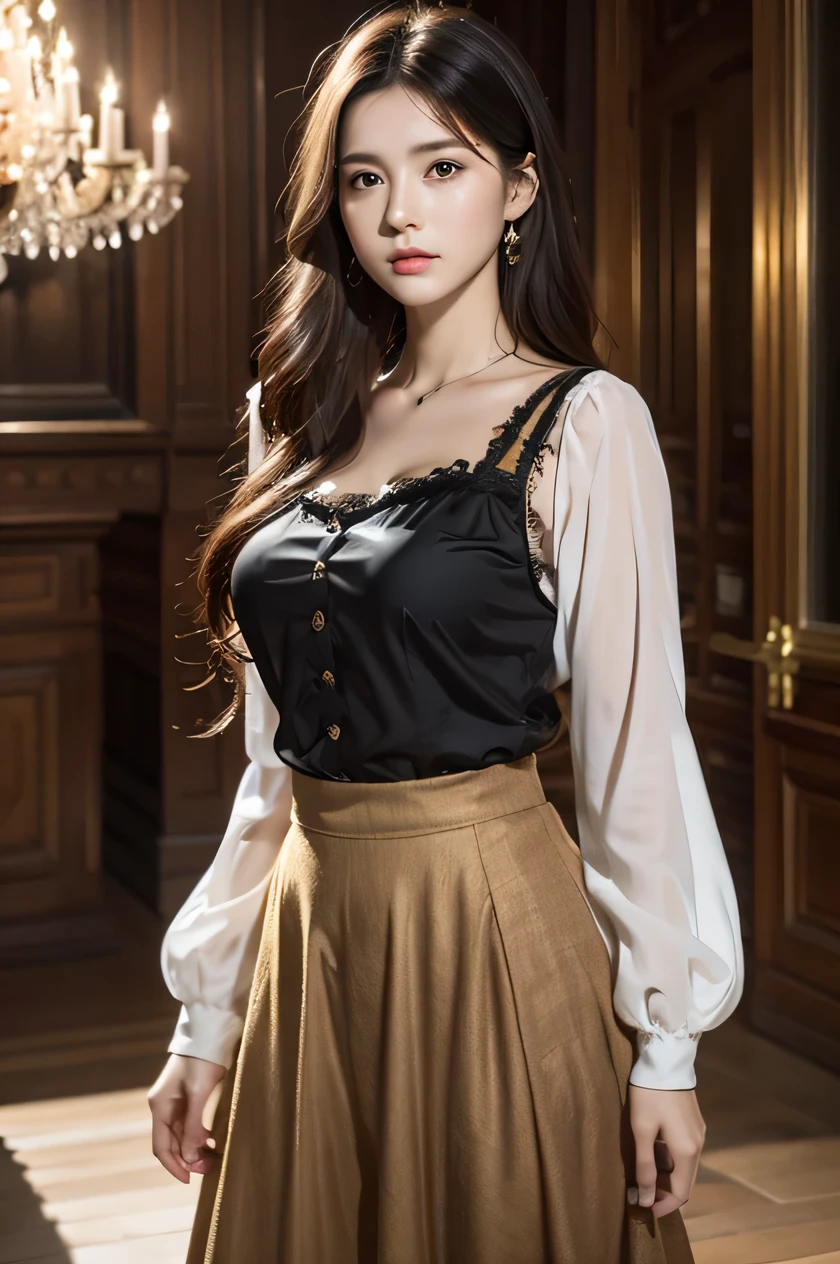 The beauty of 8K raw photos:2.0, long hair,15 years old, great face and dark eyes, brunette, stare at the camera, Expressionless, (Rococo dresses:1.2), realistic:1.9, very detailed CG 統合 8k 壁紙, very detailed, High resolution RAW color photos, cowboy shot, professional photos, Photographed in the great hall of a European palace, girl sexy portrait