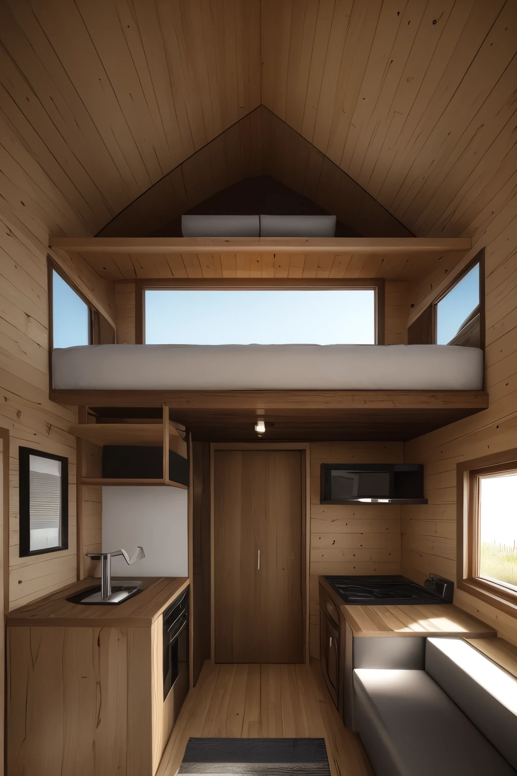 interiortinyhouse interior couch, led tv, kitchen, wooden, ((masterpiece)), realistic, epic, details,