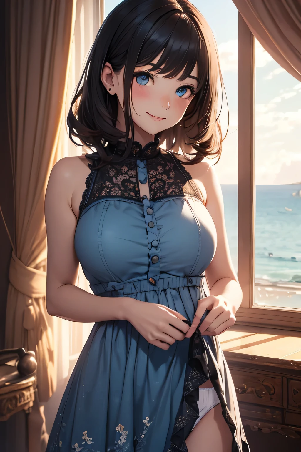 very cute and beautiful girl standing near the window,(Floral blue summer dress with detailed ruffles),No sleeve,detailed lace,(skirt lift,white panties), (very detailed美しい顔と目:1.2),Antique hotel bedroom with outside view,distant tree々and the sea, cowboy shot,(smile),blush,medium hair,black hair, (highest quality,masterpiece:1.2),disorganized,High resolution,super detailed,very detailed,32K,8K resolution, intricate details,movie-like scene,detailed background,alone,dynamic angle, Natural light,particles of light,beautiful and detailed sky,