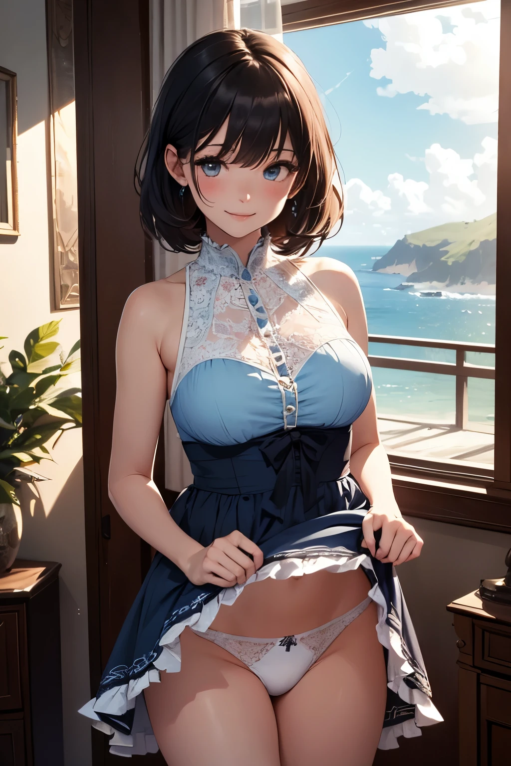 very cute and beautiful girl standing near window,(floral blue summer dress with detailed frills),sleeveless,detailed lace,(skirt lift,white panties), (highly detailed beautiful face and eyes:1.2),antique hotel bedroom with outside view,distant trees and ocean, cowboy shot,(smile),blush,medium hair,black hair, (best quality,masterpiece:1.2),absurdres,highres,ultra-detailed,extremely detailed,32k,8k resolution, intricate details,cinematic scene,detailed background,solo,dynamic angle, natural lighting,light particles,beautiful detailed sky,