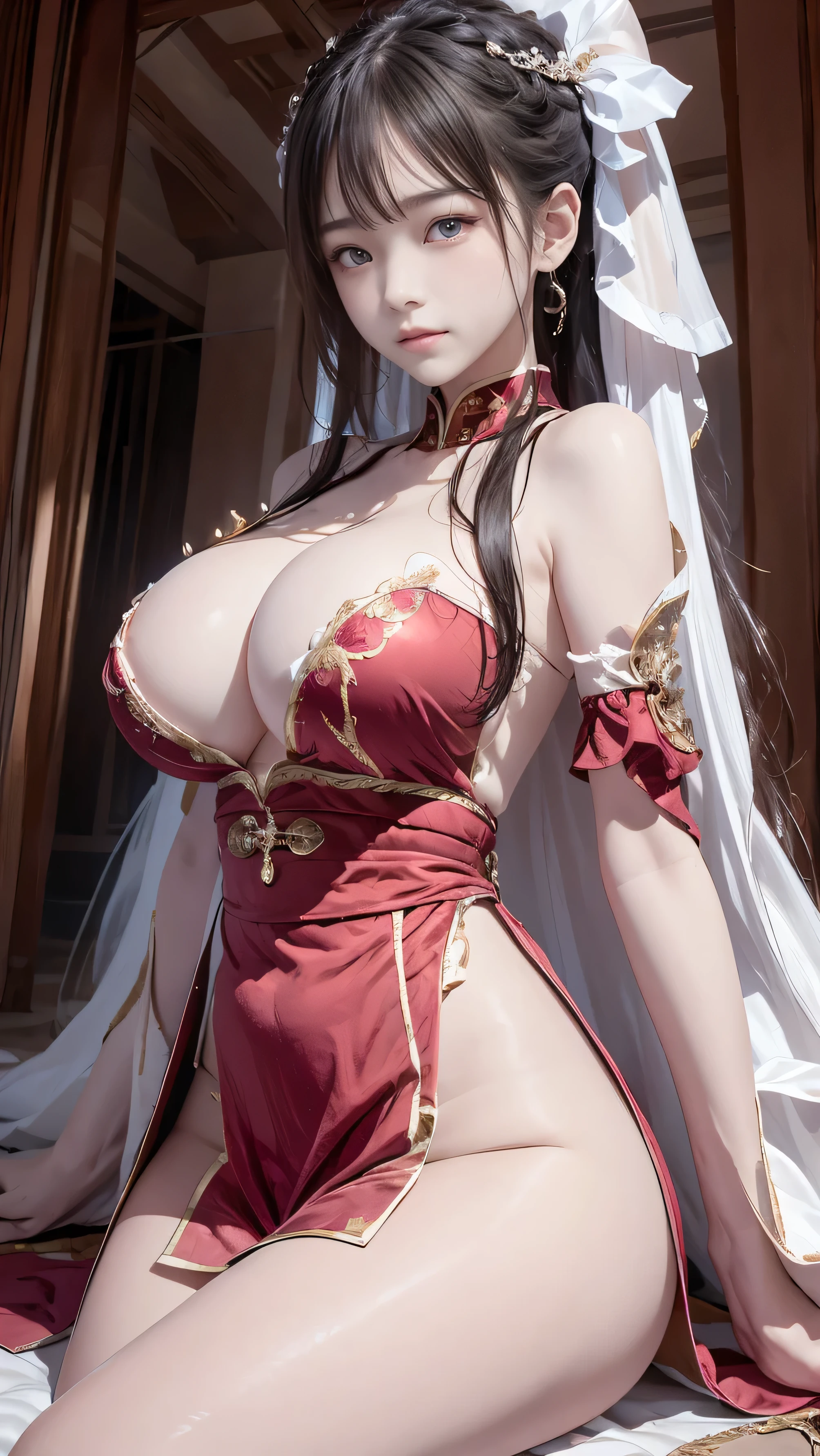 (Great sense of reality:1.4, Lying in bed:1.3, 8k), quality, masterpiece, ultra high resolution, Perfect dynamic composition, Professional camera work, plant growth Light efficiency, mystery肖像, Light, Highly detailed skin and facial textures:1.3, super detailed, Detailed hands, exquisite eyes, (mystery:1.3, like a dream:1.2), 1 girl, , Cute and sexy slender goddess, white skin, ( completely fascinates you:1.0), (Red gold edge translucent Chinese pocket cloth), (Super huge soft breasts:1.8), (beautiful blue eyes, eyes are big, round and beautiful:0.85), Face:0.4, (beautiful taste:0.85), ((so lovely beauty:1.5)), fantastic background,sweet smile,white,Hips raised,sweet smile,spread your thighs,Accent strapless,hands bound,Tie a ponytail