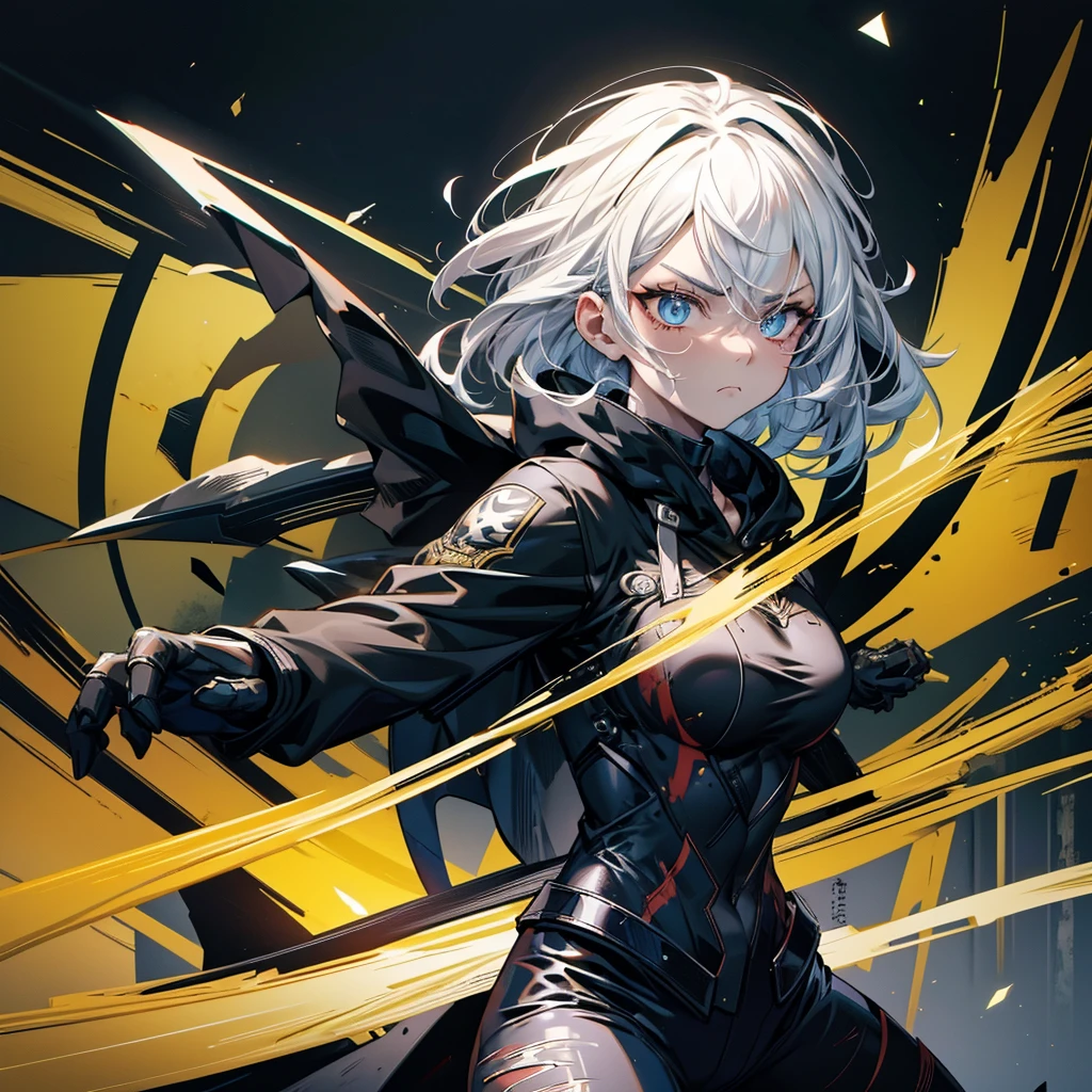 Fighting girl, epic, with particles, HD, 8k, white hair, with black cape, line marks on the face, serious face, closed mouth, casual pose, hands in Bruce Lee position, tactical pants, black hood, black lines under eyes, black polar diver, eyes with marked rings, detailed face, blood on the lips, full body,